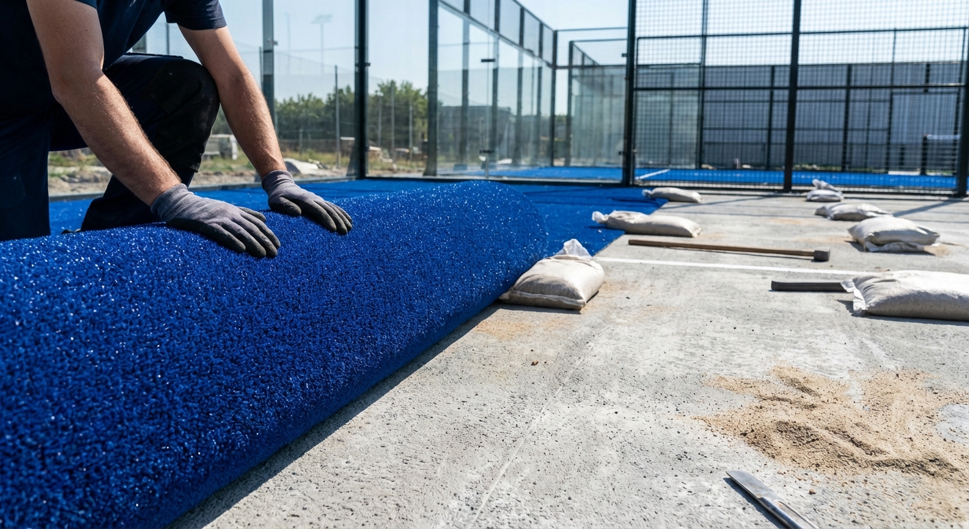 blue artificial turf padel court installation