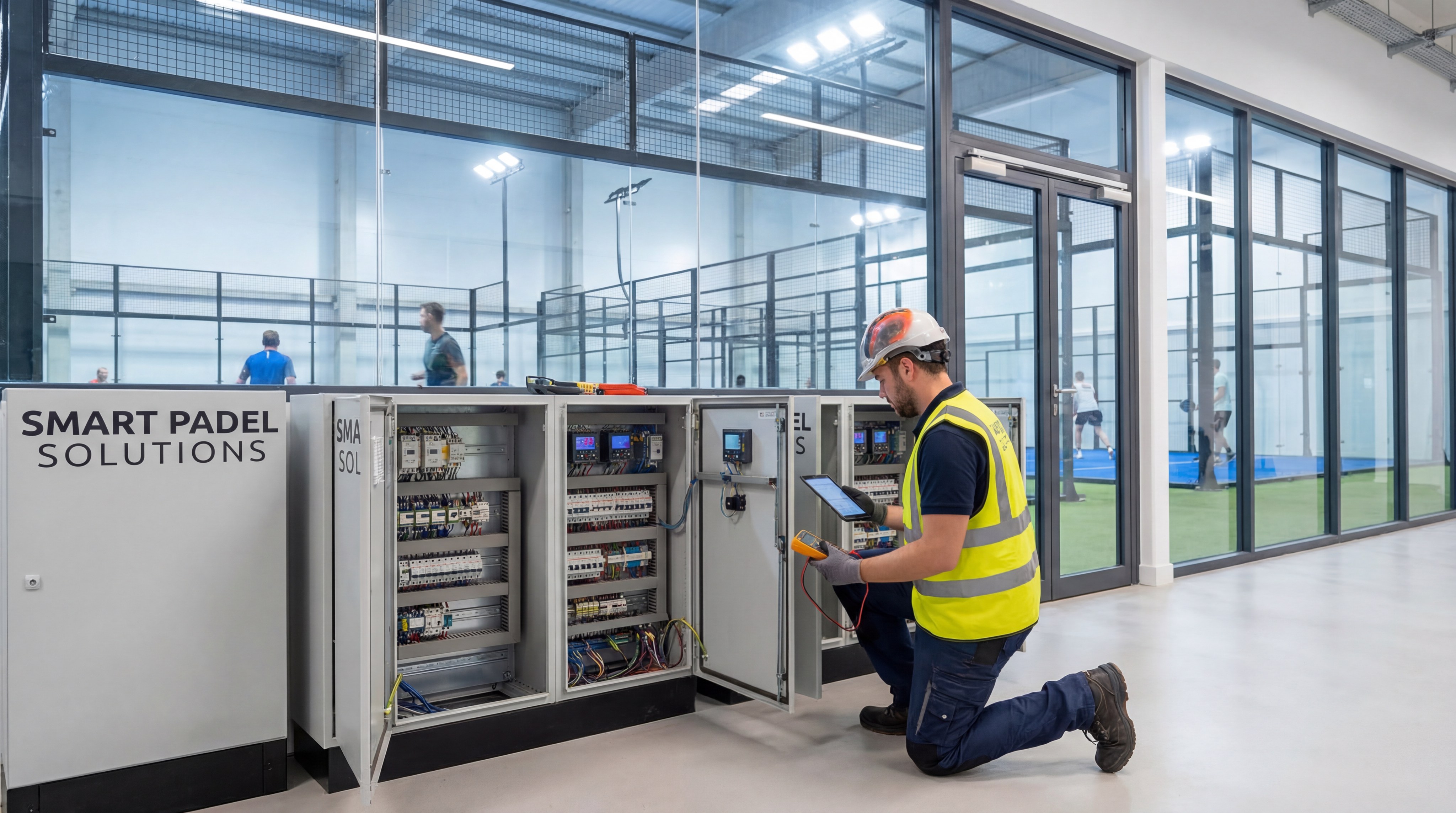 Technician performing a maintenance inspection on a court electrical panel