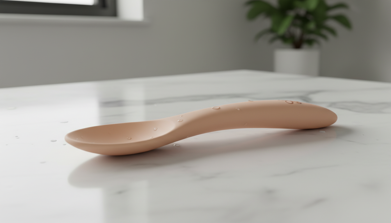 Premium silicone baby spoon with ergonomic design on marble countertop