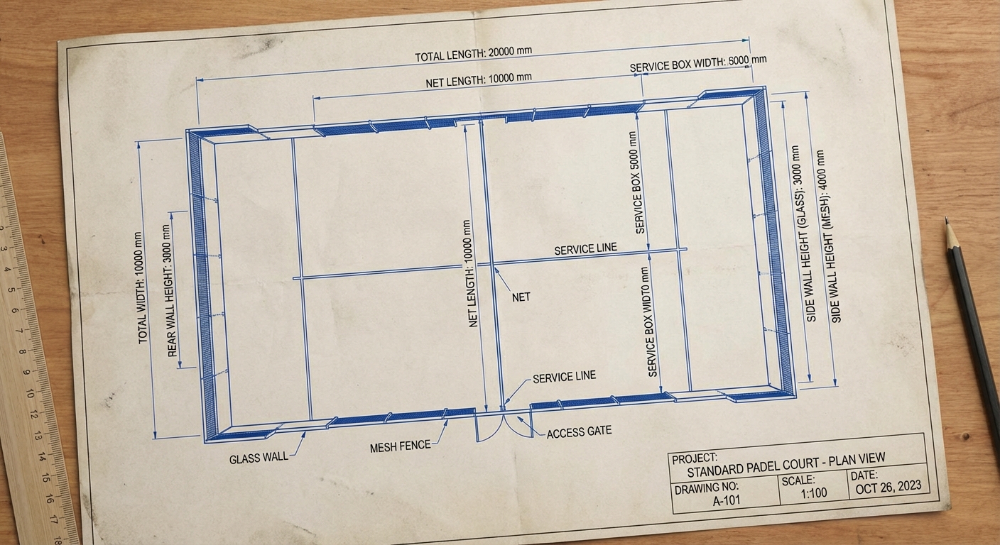 Technical blueprint showing official padel court dimensions and markings
