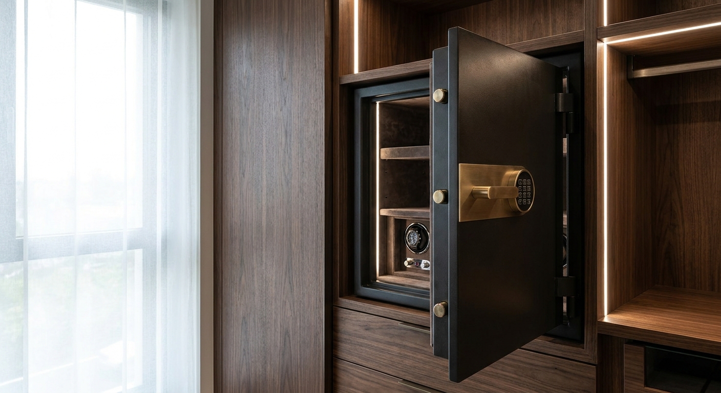 A luxury safe cabinet perfectly anchored in a modern bedroom setting