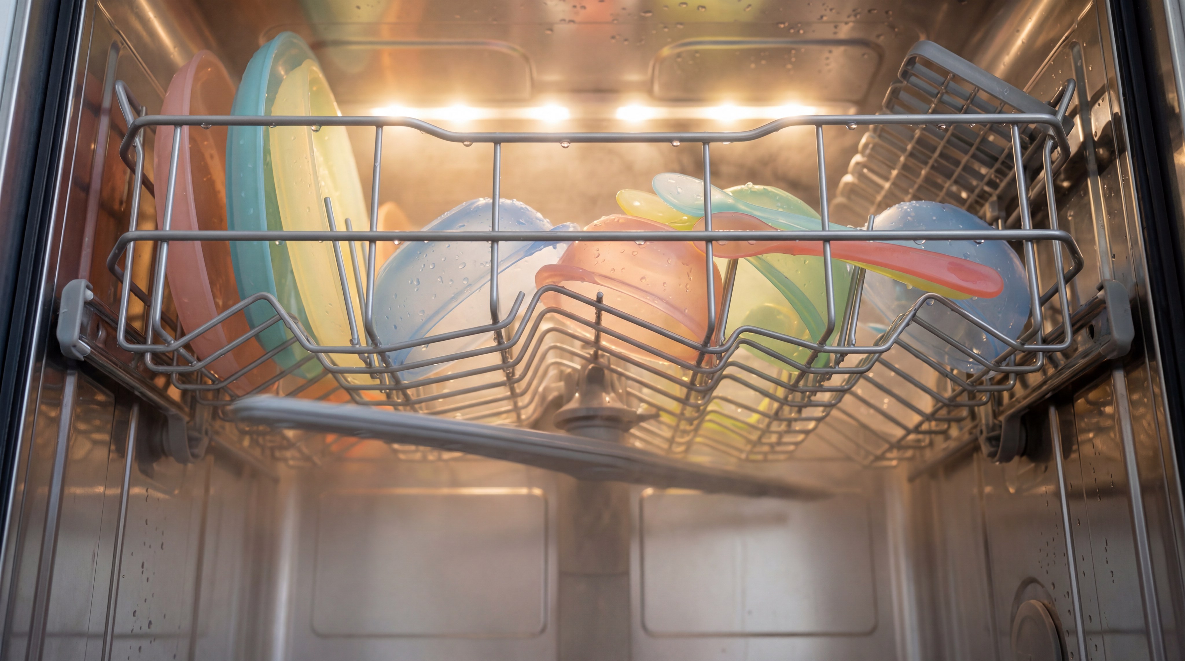 Alt Text: Interior of a dishwasher with silicone plates and spoons