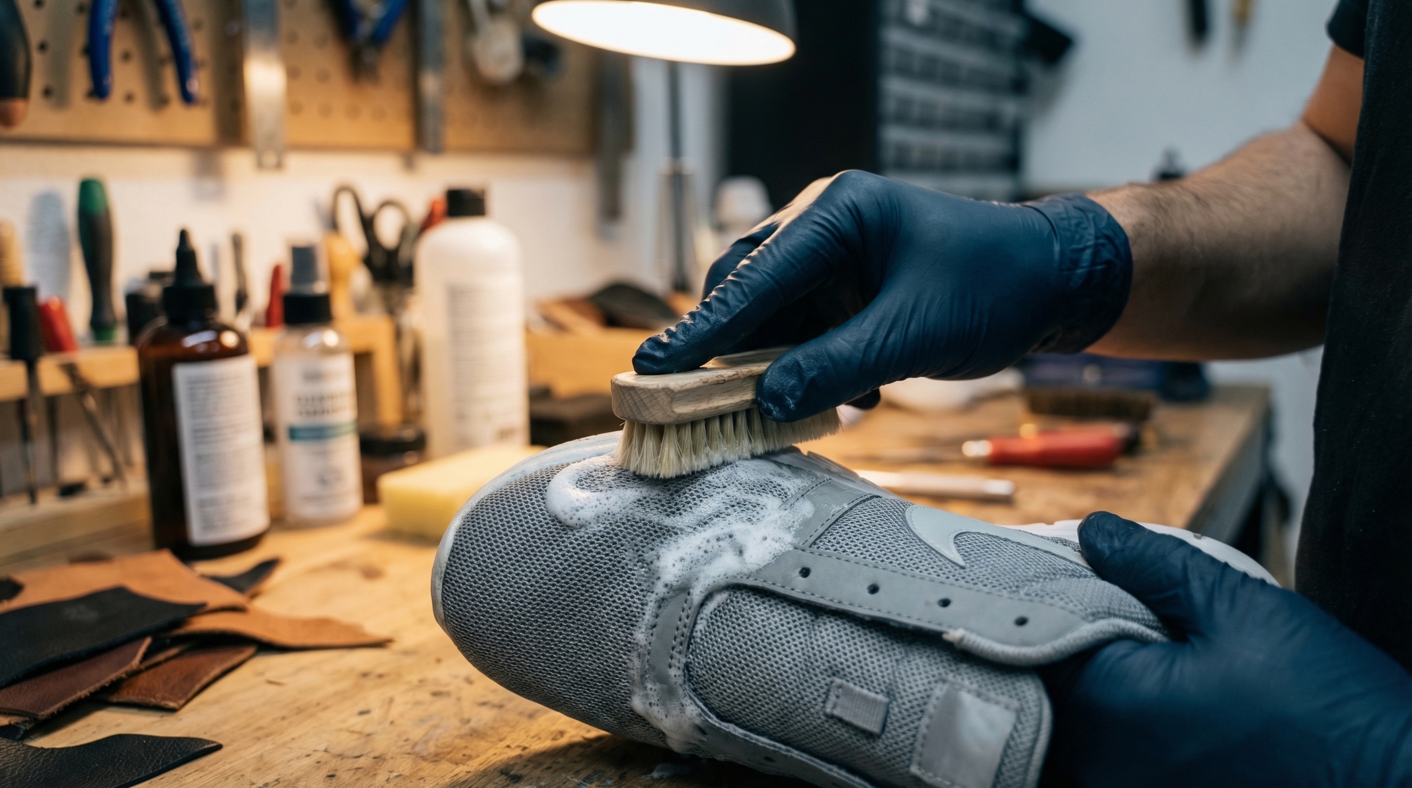 A professional cleaning a mesh sneaker with a soft brush and soapy foam