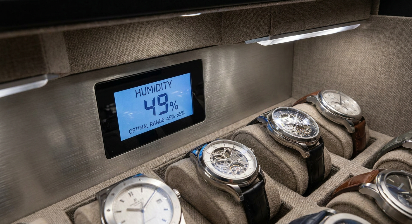 A climate-controlled safe maintaining optimal interior humidity levels to safeguard movements
