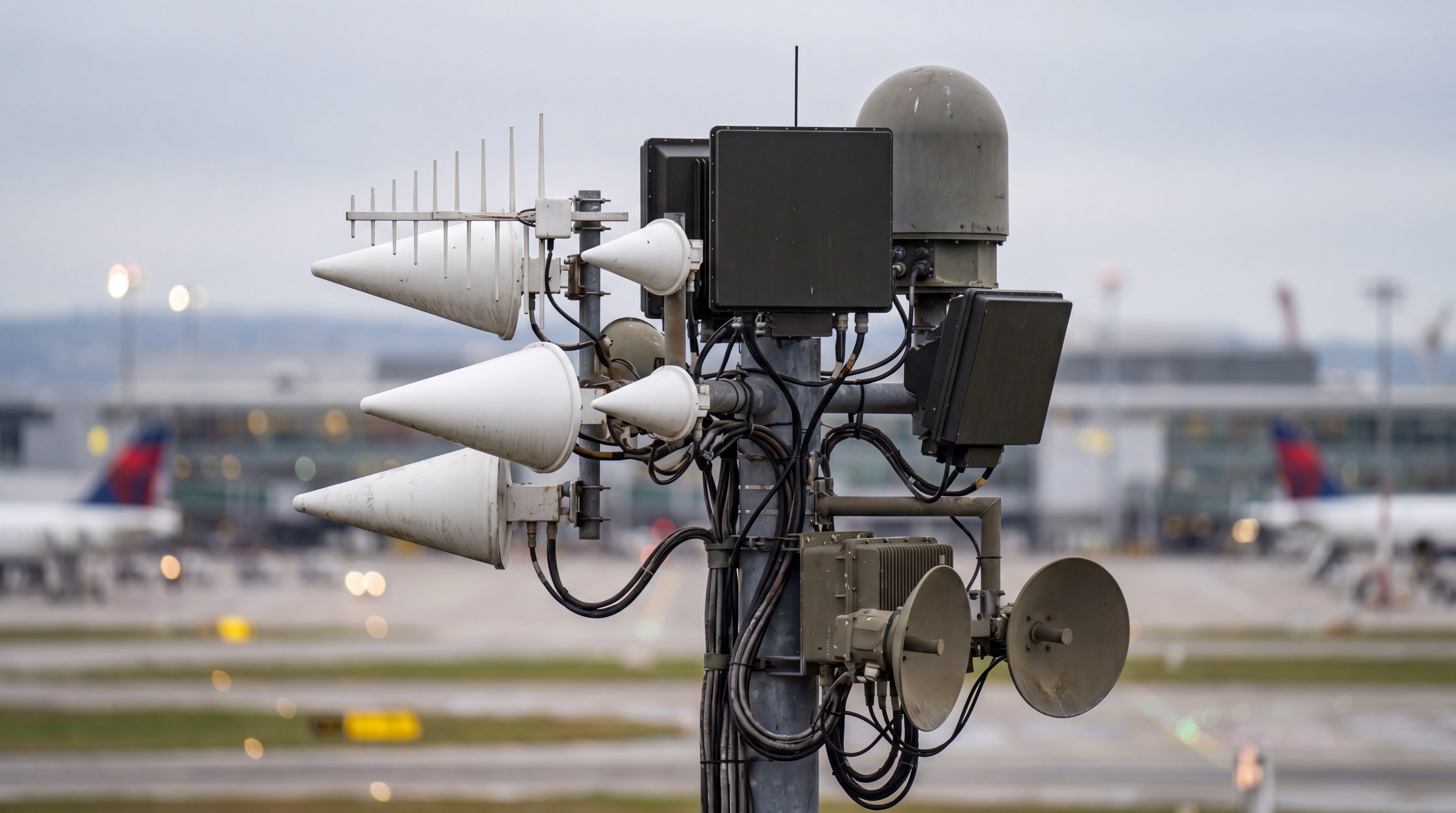 Airport drone detection and jamming station with various antennas