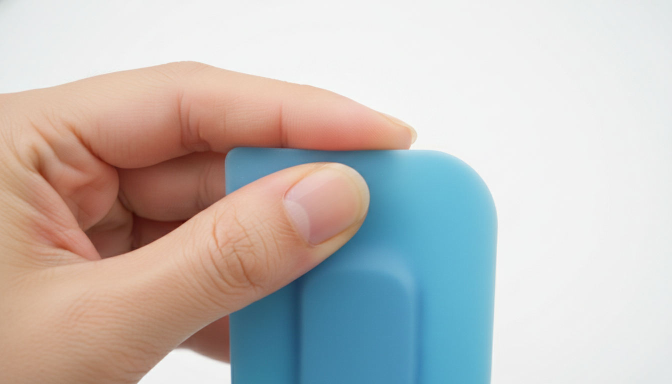 Manual pinch test being performed on blue silicone material