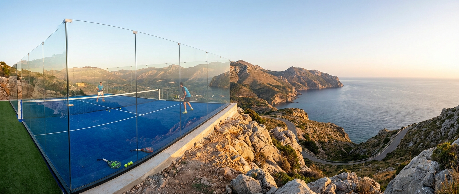 A "Super Panoramic" padel court with no rear structural posts, offering a completely unobstructed view through the glass walls, set against a scenic landscape.