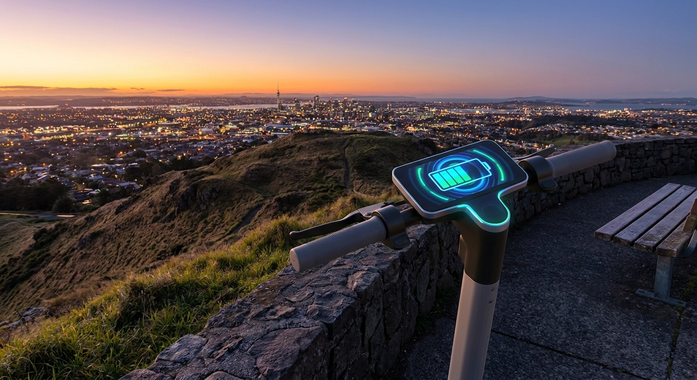 Sleek electric scooter dashboard displaying battery status at sunset