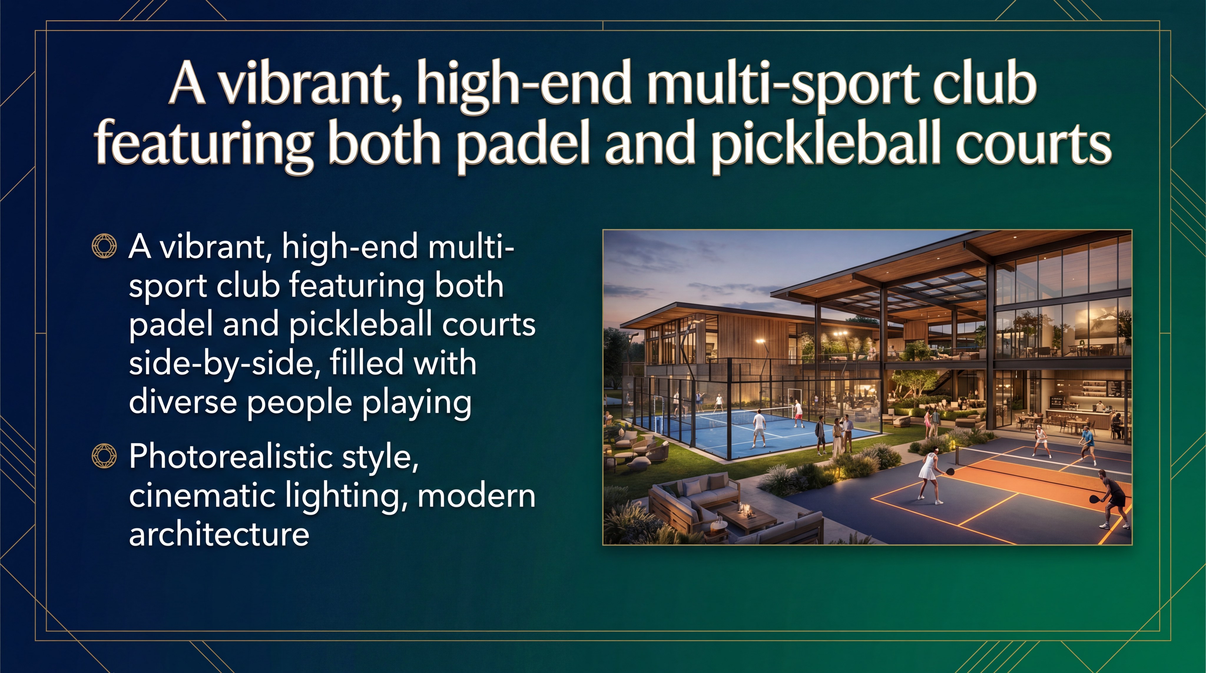 A vibrant, high-end multi-sport club featuring both padel and pickleball courts side-by-side