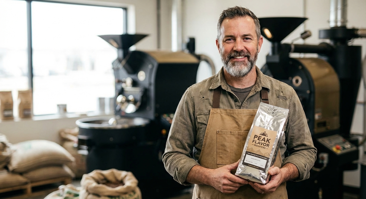 A professional coffee roaster inspecting beans and their packaging