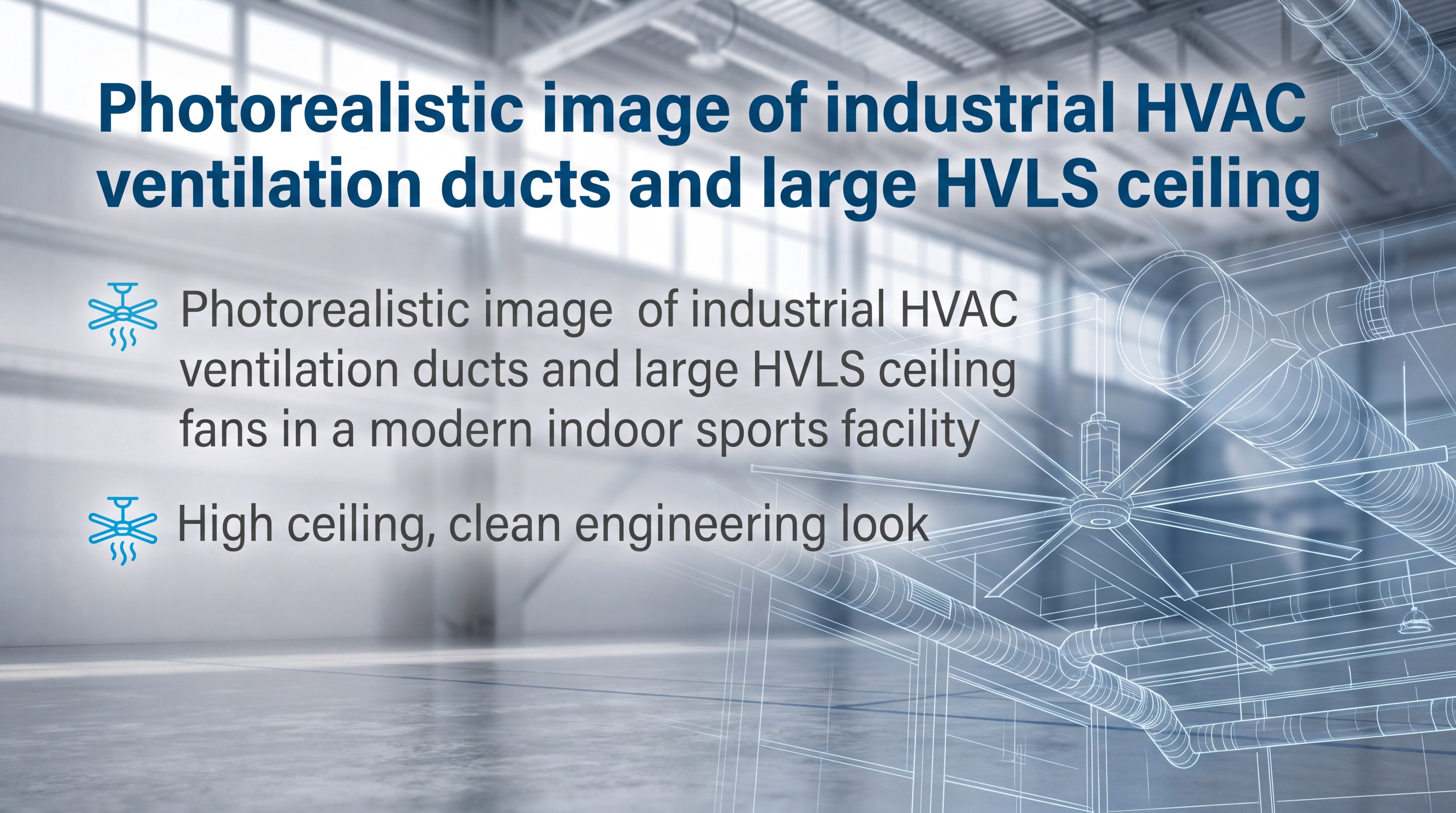 Photorealistic image of industrial HVAC ventilation ducts and large HVLS ceiling fans