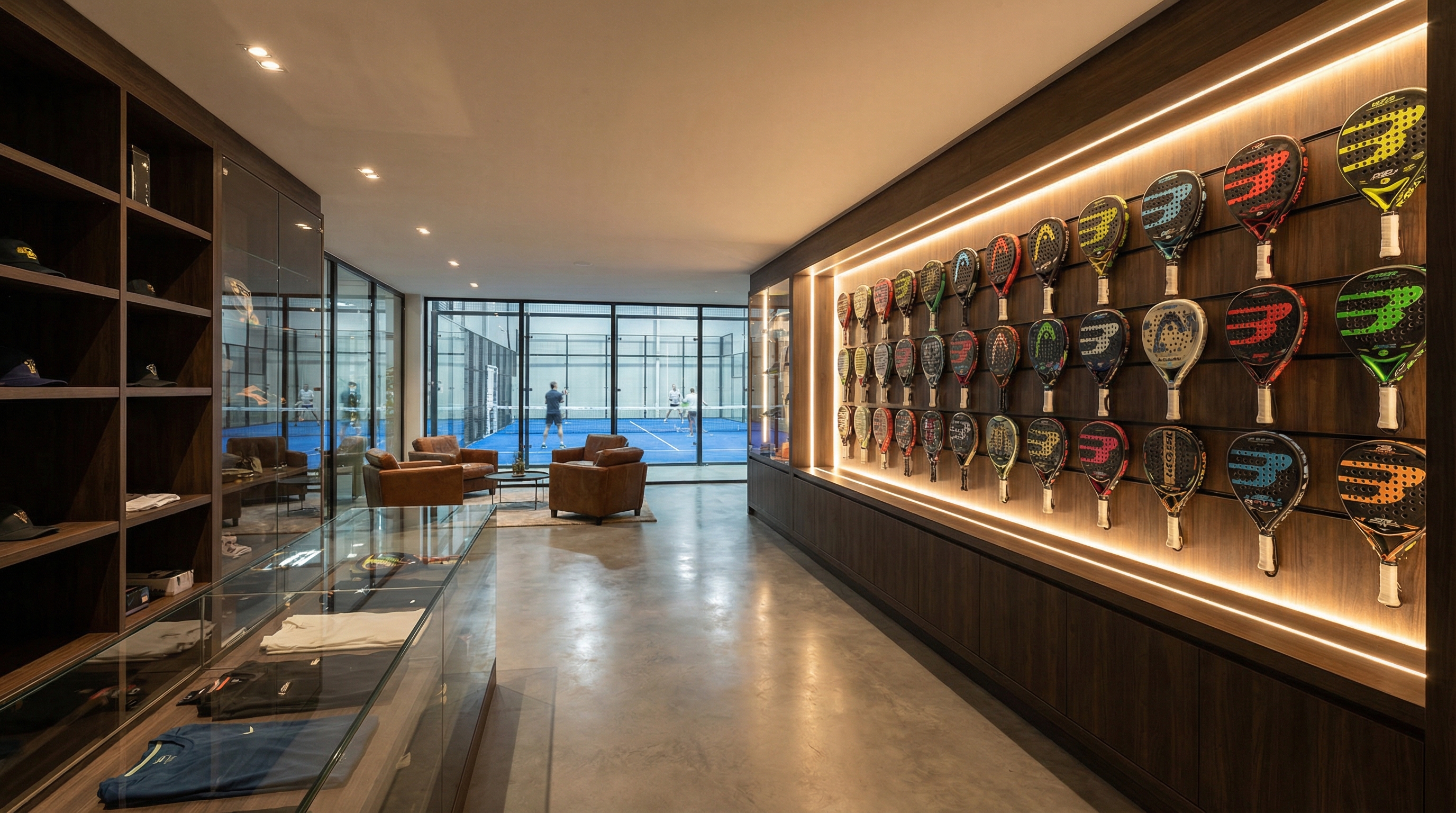 Photorealistic image of an indoor padel club with various high-end rackets displayed on a wall