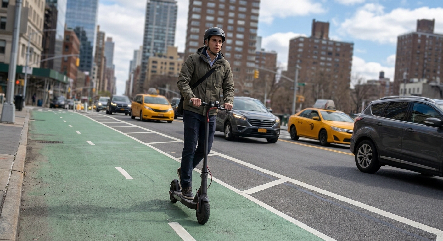 Urban commuter riding an electric scooter stably on city streets