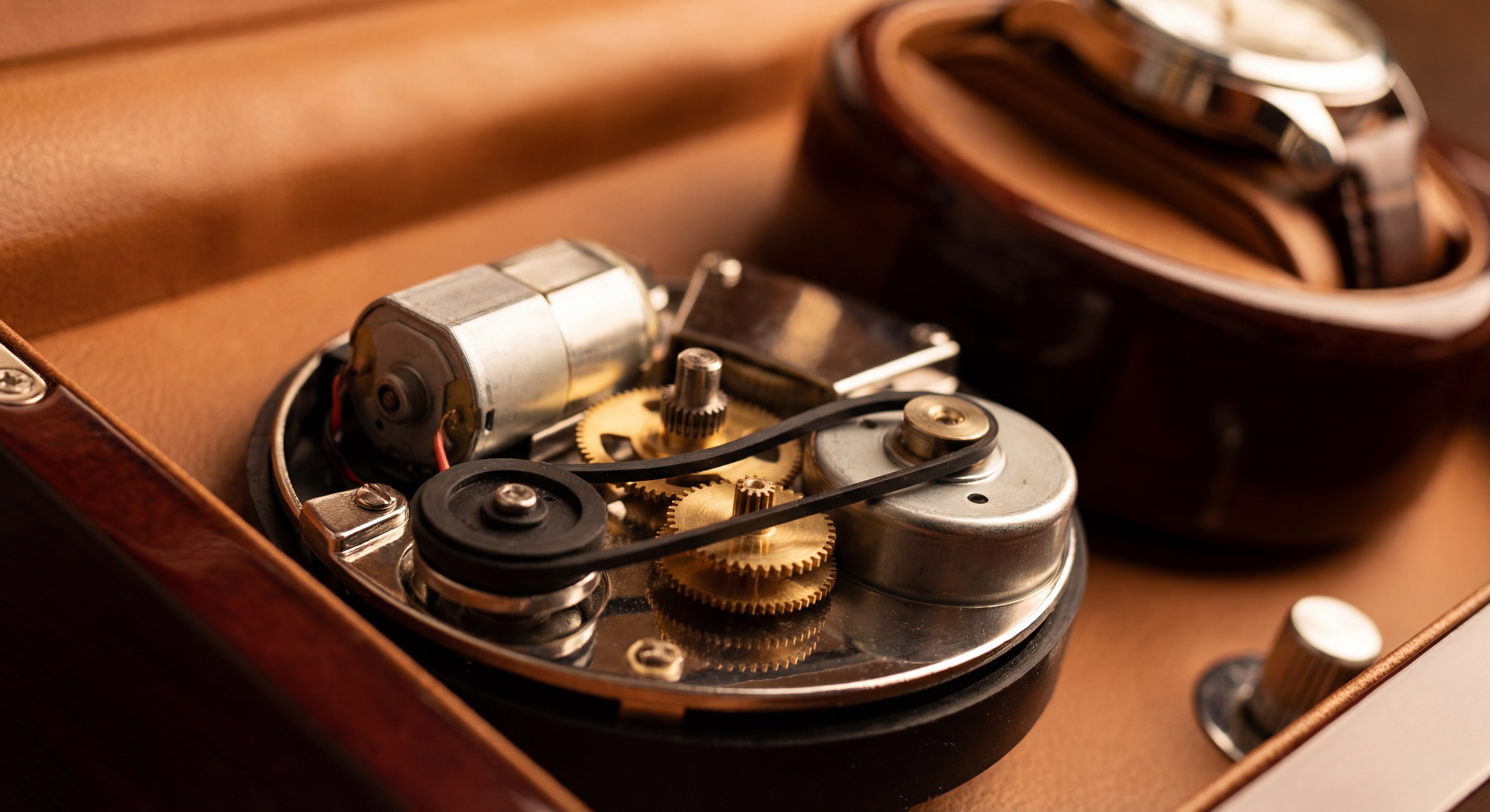 Detailed macro view of a luxury watch winder motor and gears