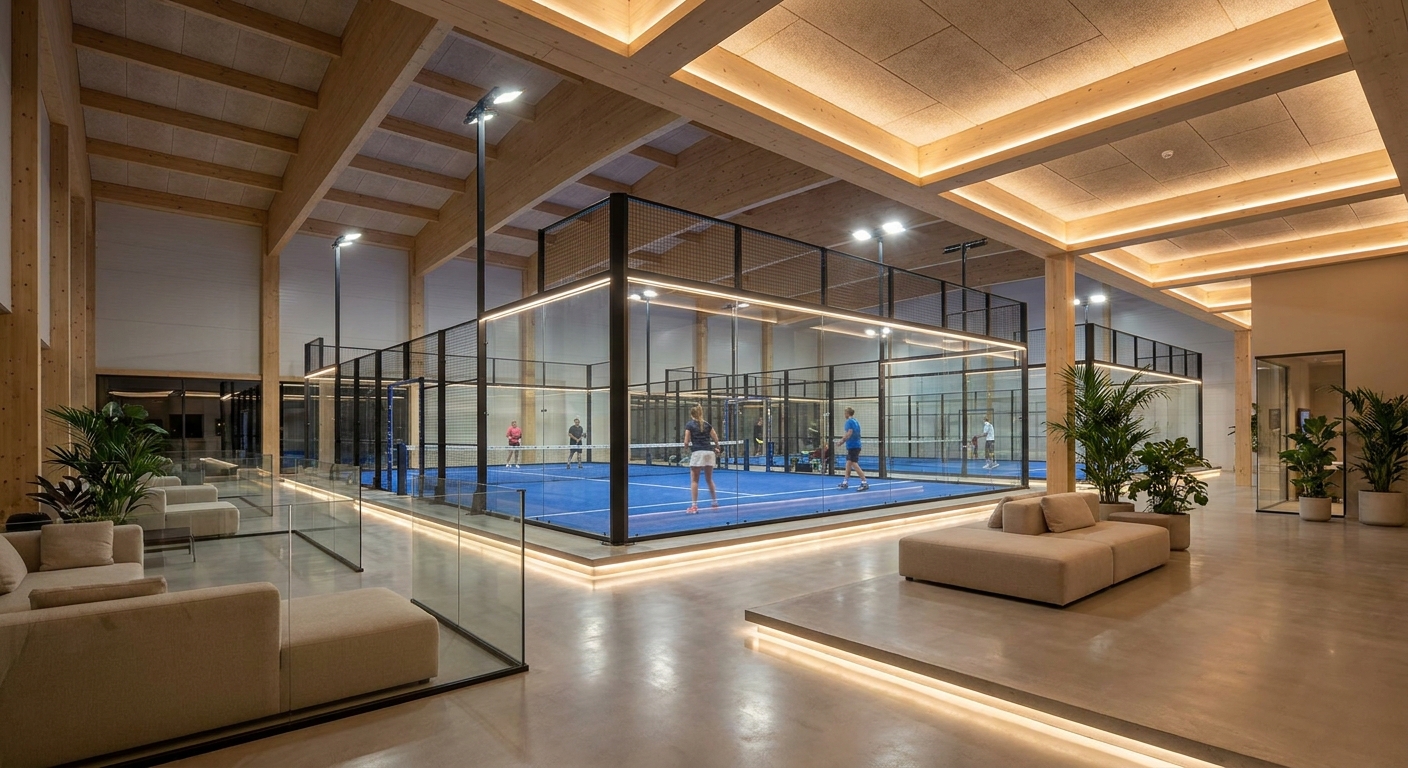 Wide angle shot of a luxury indoor padel club with designer lighting and lounge area