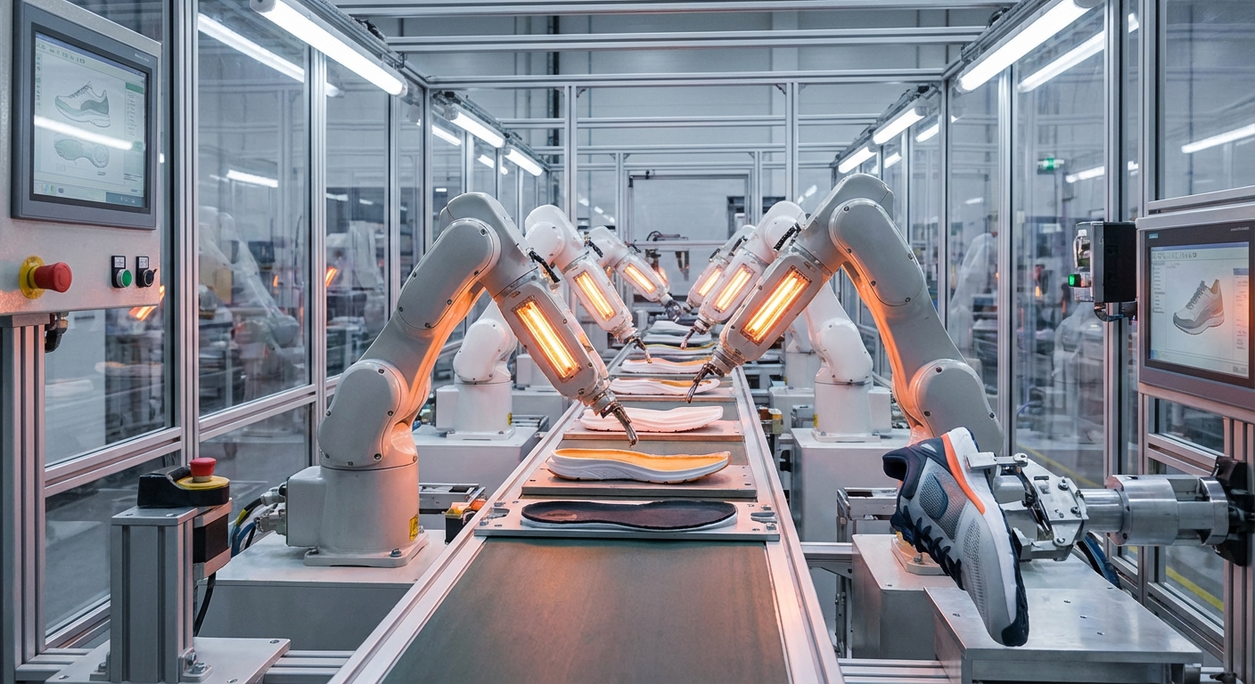Photorealistic automated assembly line showing the precision bonding of outsoles