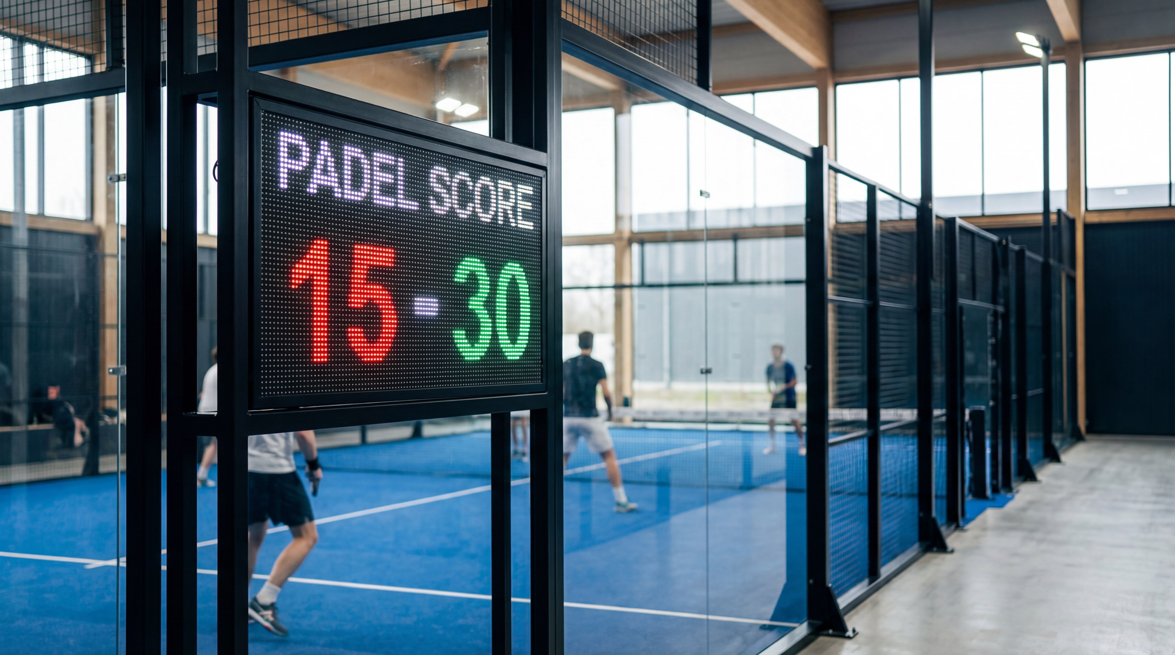 A photorealistic digital scoreboard displaying 15-30, showing the typical progression of a padel match.