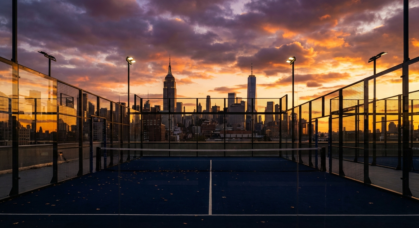 dramatic sunset padel court nyc