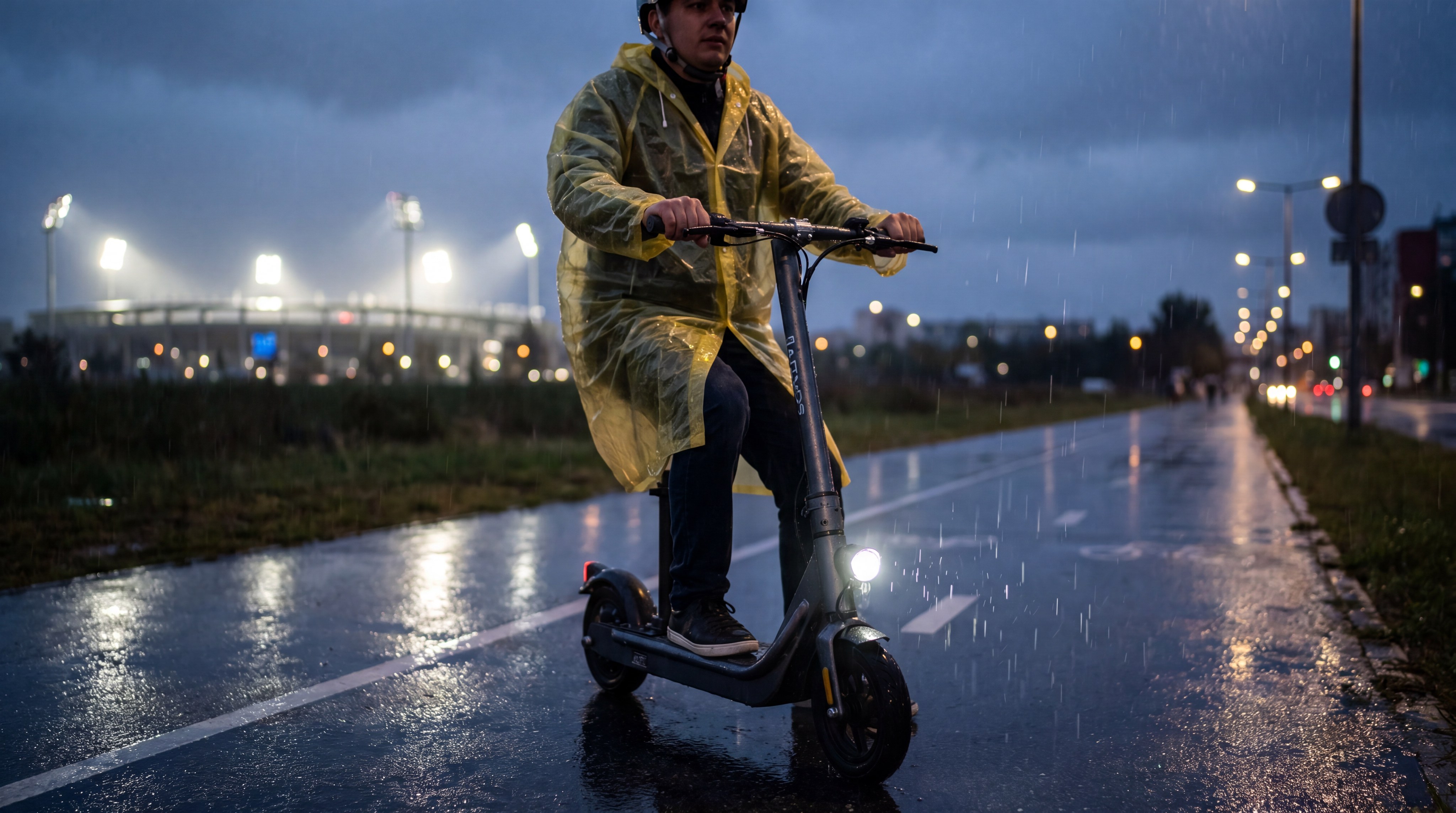 Riding an electric scooter in light rain with waterproof gear