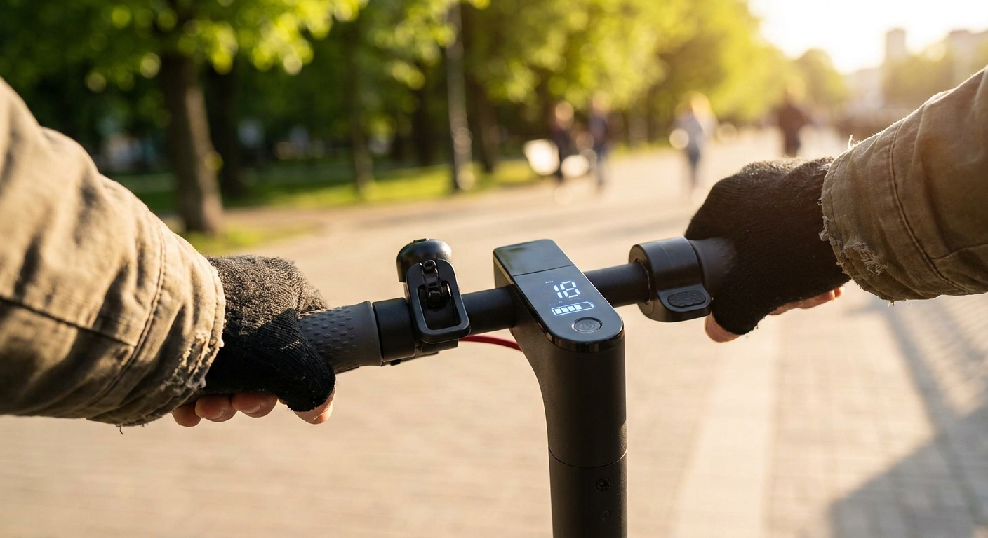 Commuter hands holding scooter handlebars with speedometer visible
