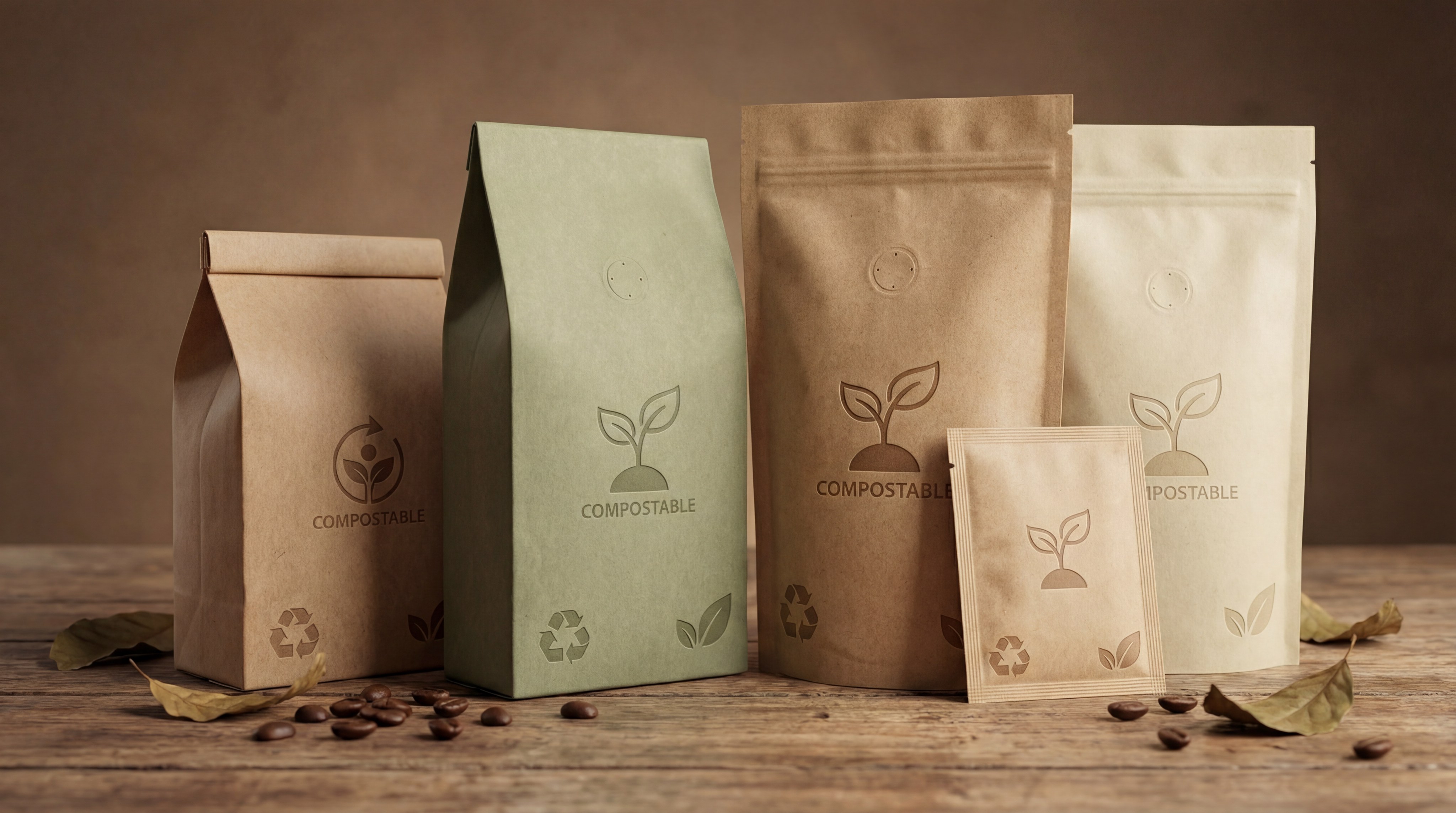 Studio shot of high-end branded compostable coffee bags with premium matte finish and vibrant eco-friendly printing