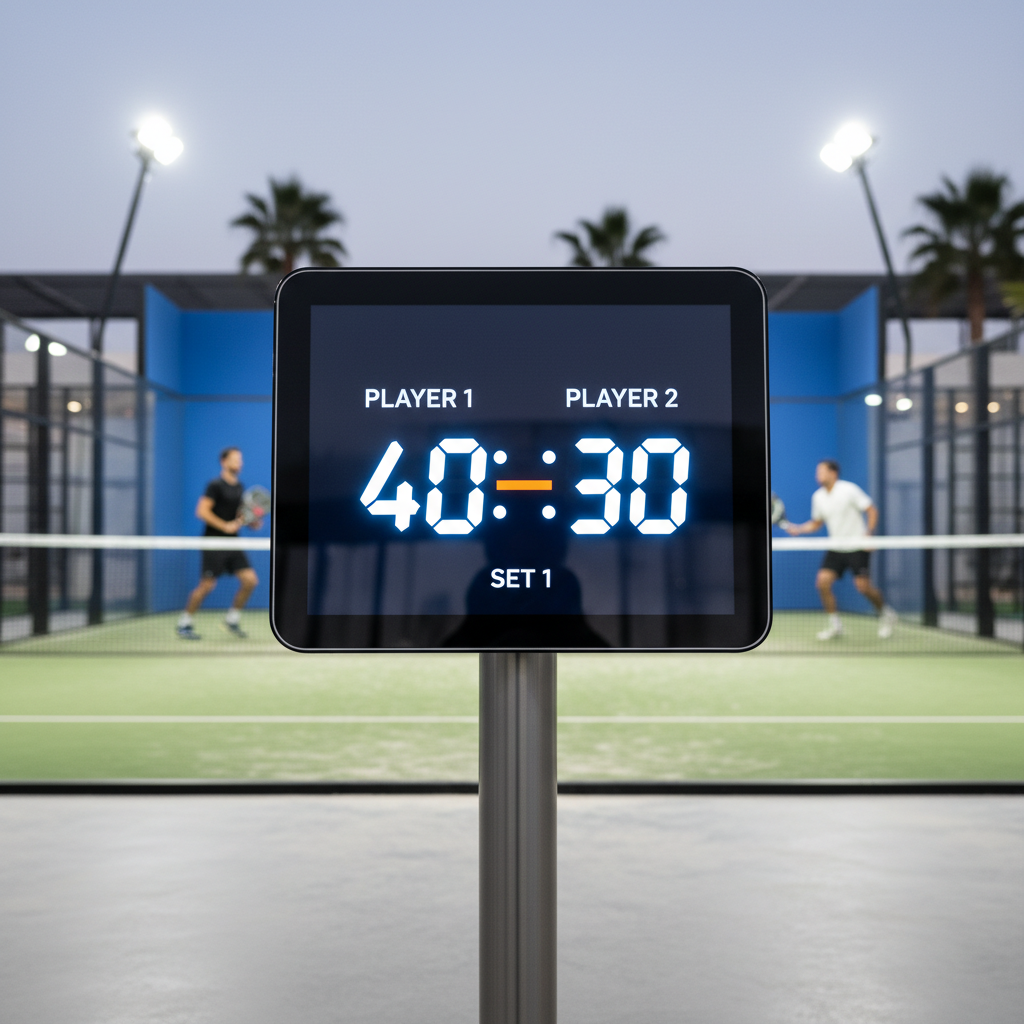Padel Scoreboard: A digital scoreboard showing 40-30 in a professional setting. index 3