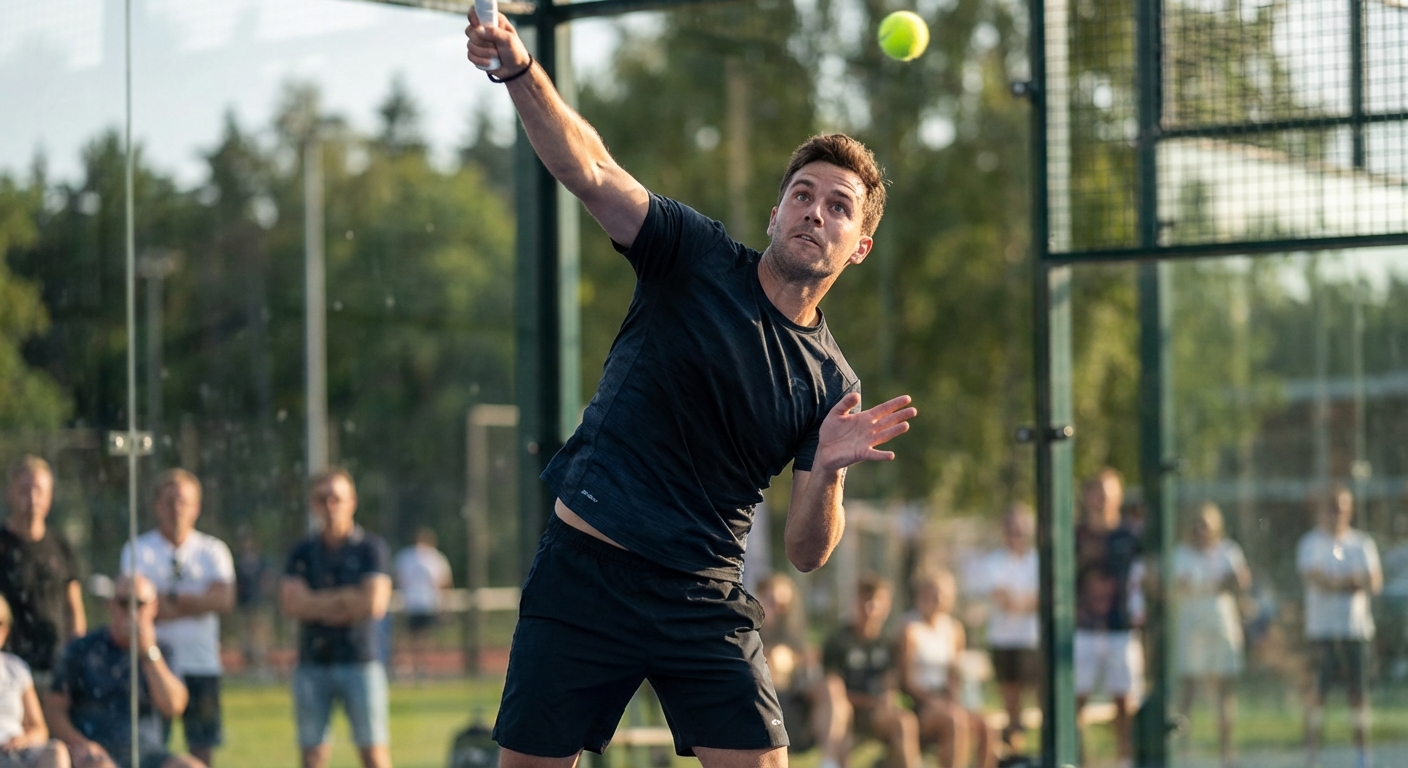 A player mid-air, eyes locked on a high, short ball, preparing a full-extension overhead