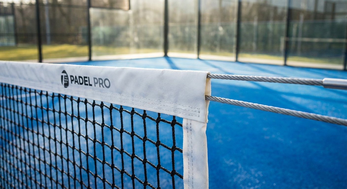 A photorealistic close up of a padel board net with glass walls in the background.