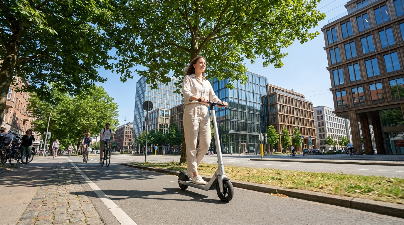 urban scooter ride sunny cityscape