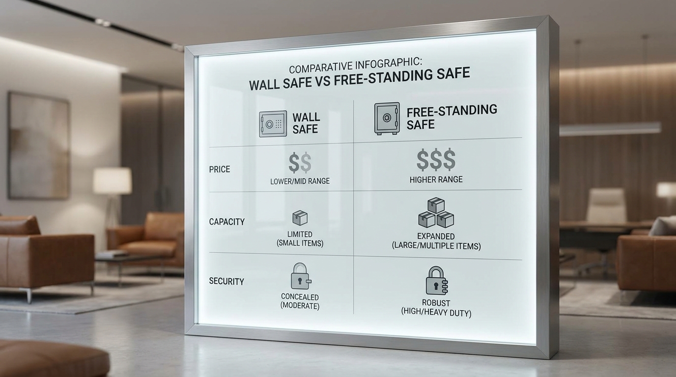 Infographic comparing features, capacity, and security of wall safes versus free-standing safes