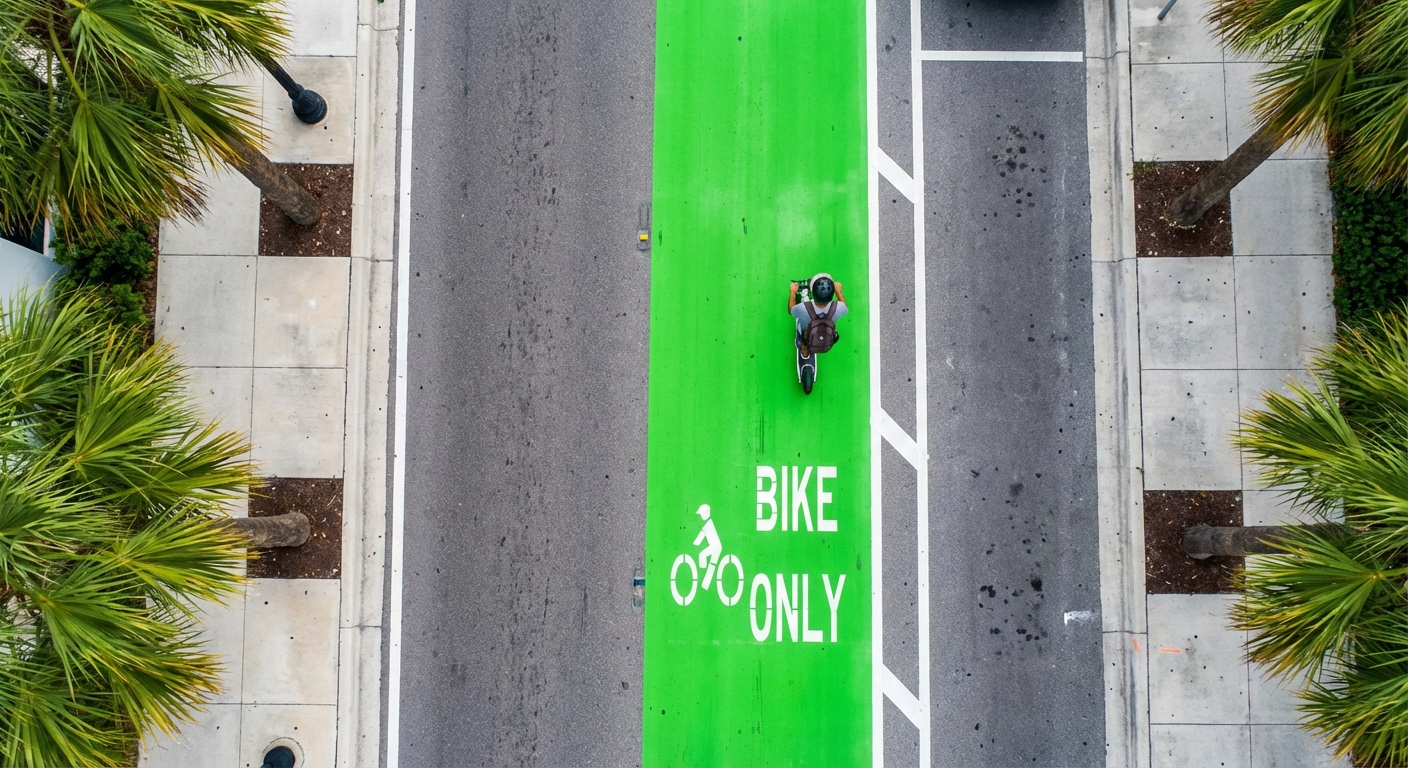An overhead view of a green bike lane in Florida with an electric scooter rider
