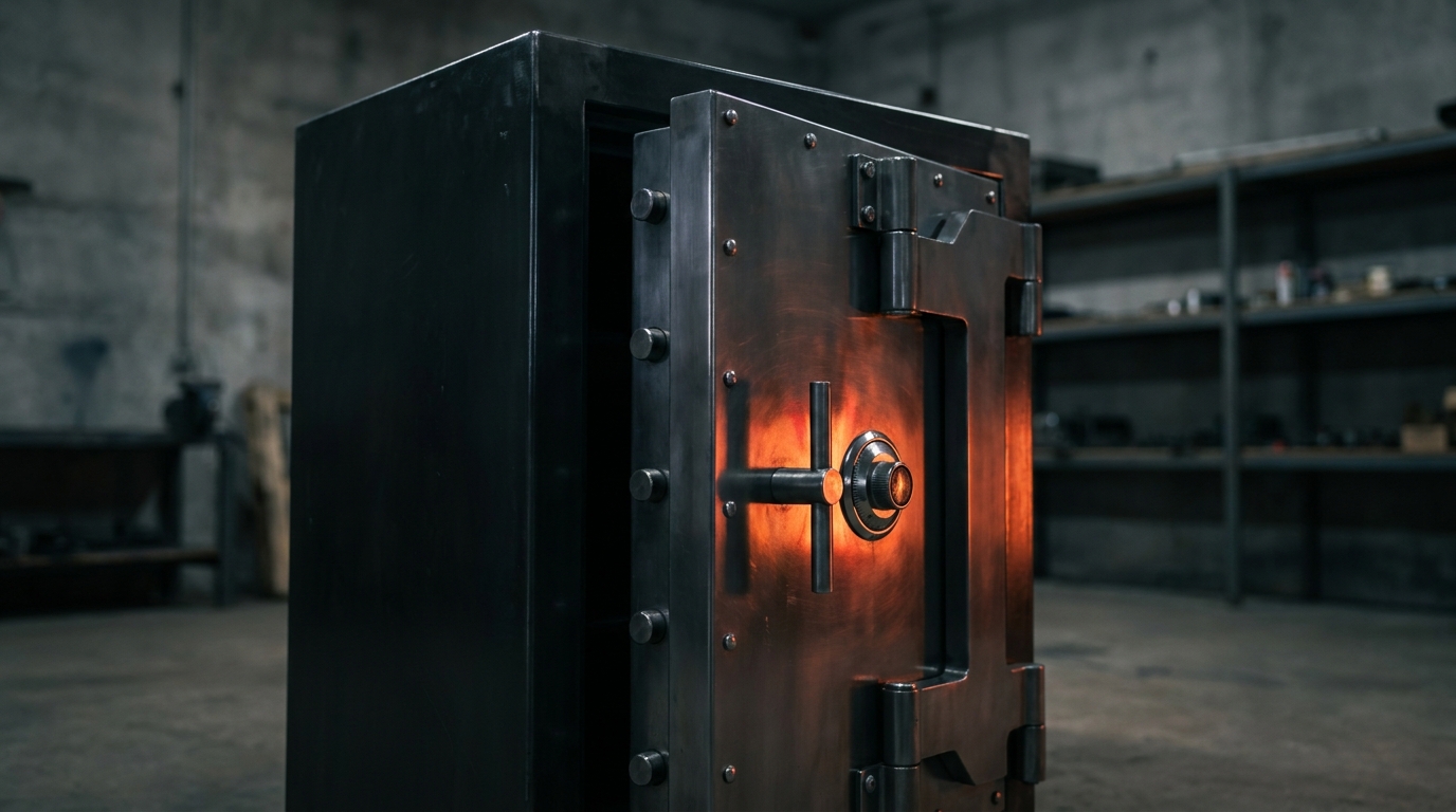 Heavy-duty industrial-style fire-resistant safe with a thick steel door and mechanical dial lock