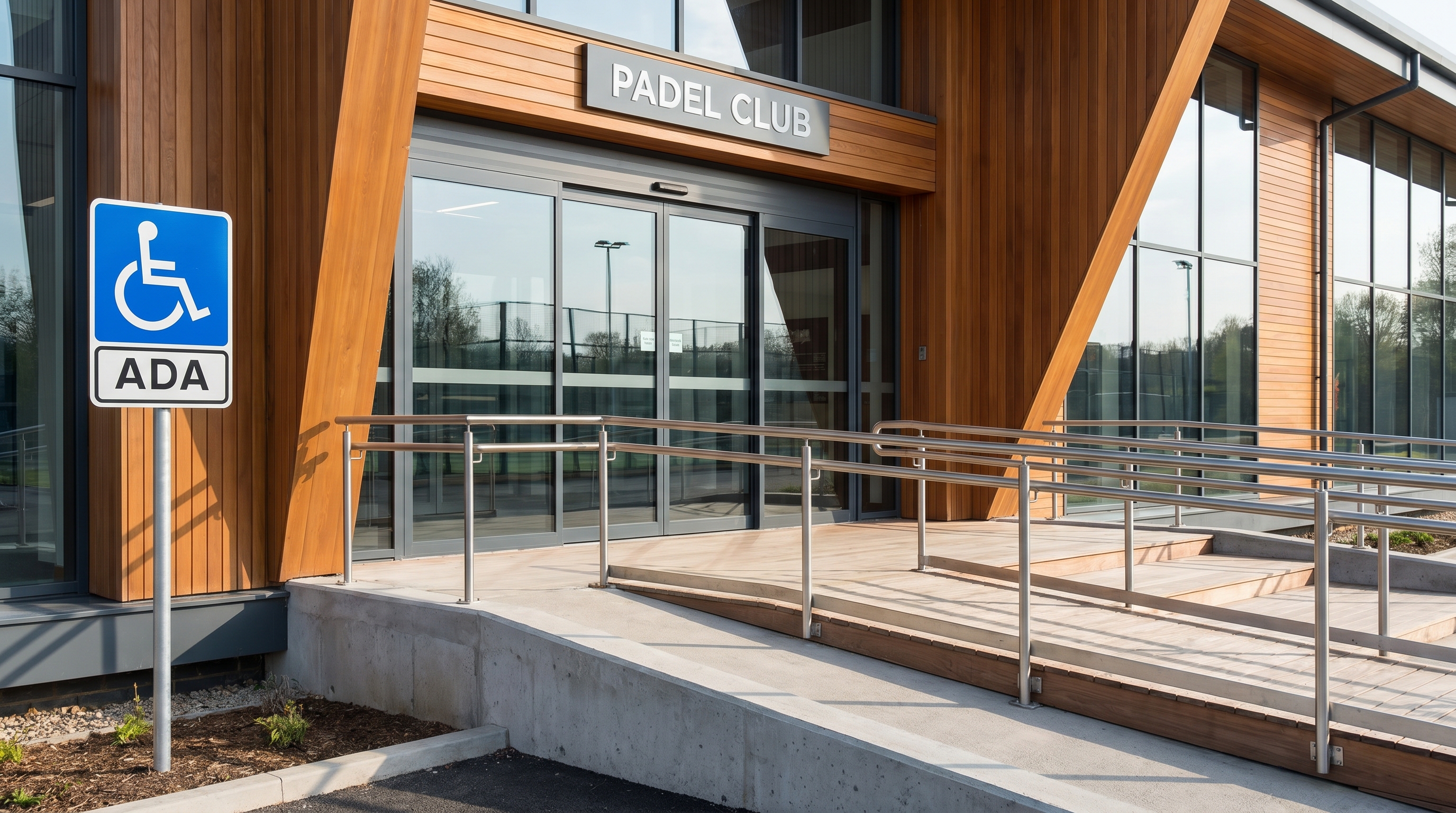 padel club entrance featuring a wide accessible ramp