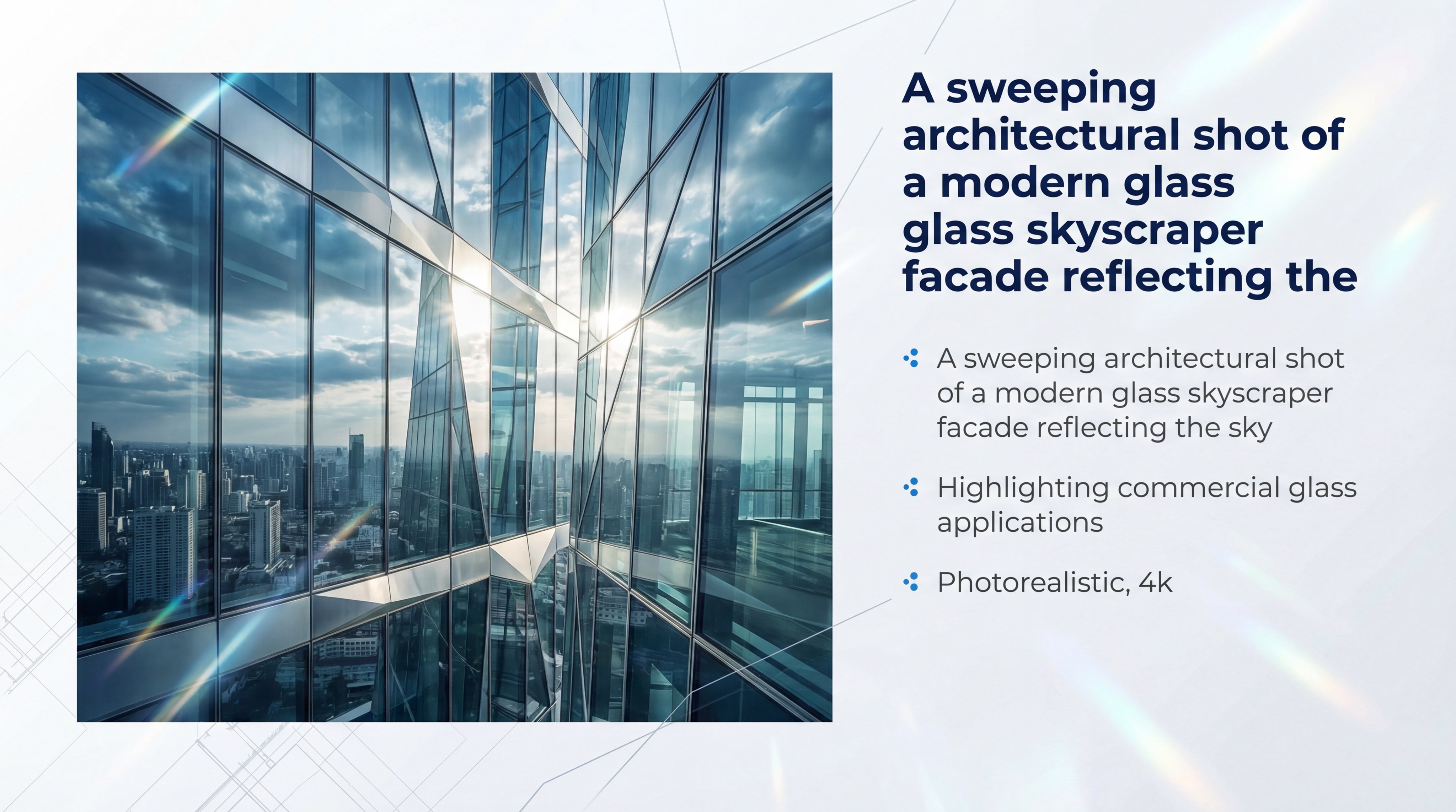 A sweeping architectural shot of a modern glass skyscraper facade reflecting the sky