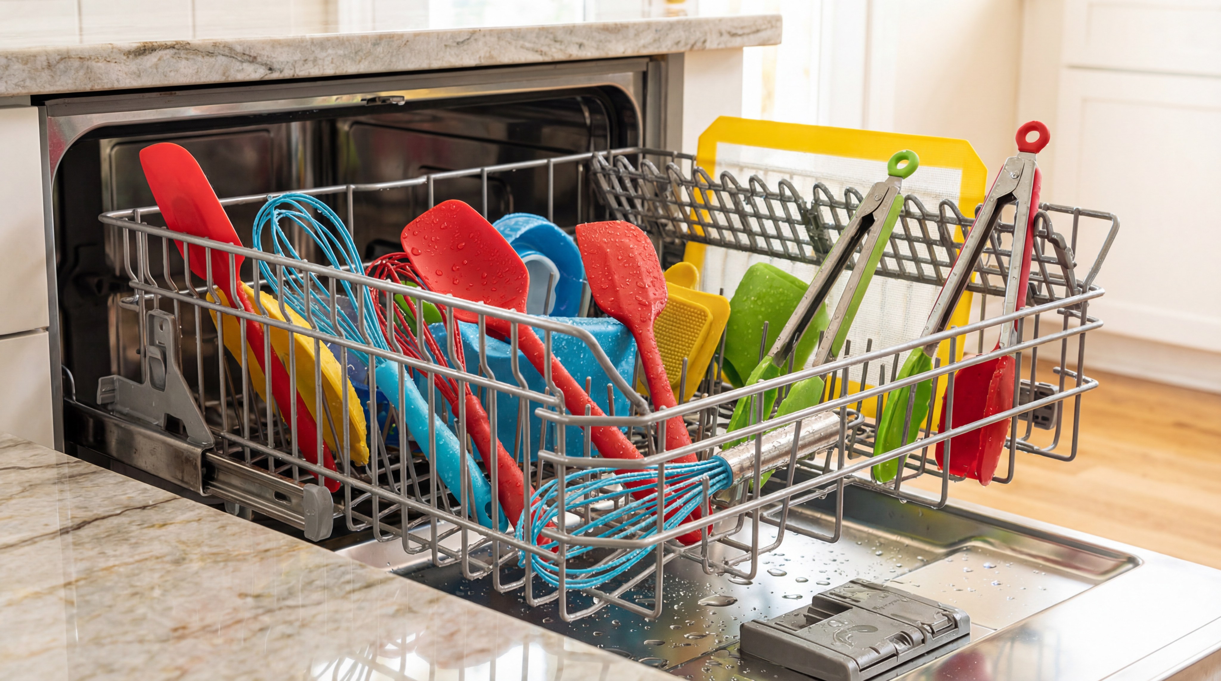 Clean Silicone Kitchen Tools in Open Dishwasher Rack
