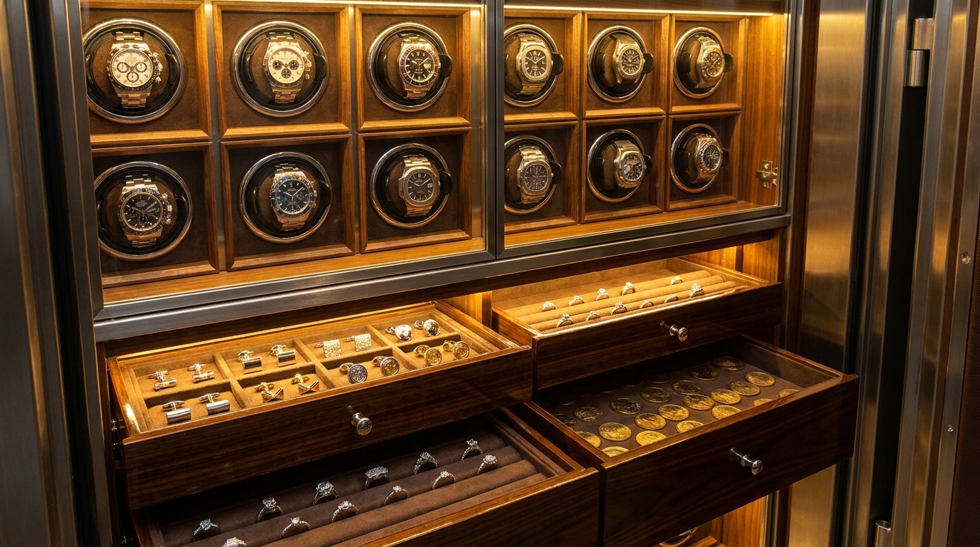 Luxury timepiece storage safe interior layout