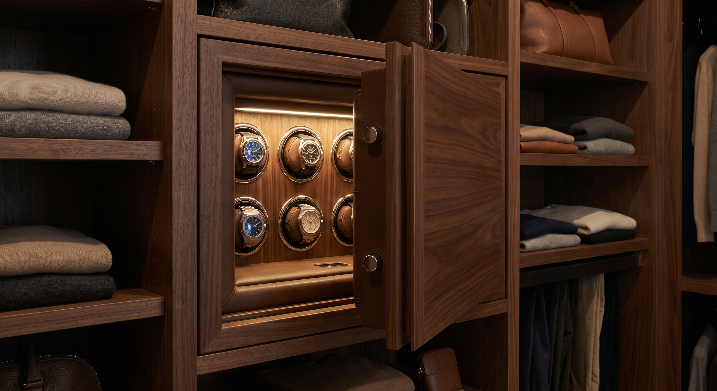 Luxury Watch Winder Wall Safe in Walnut Closet