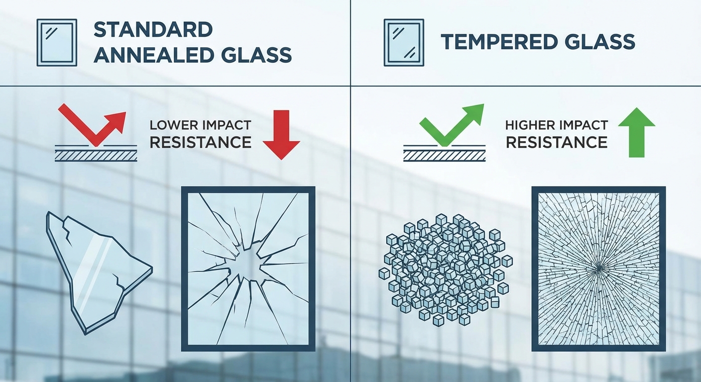 A comparison showing how standard glass shatters into shards while tempered glass crumbles into safe pieces.