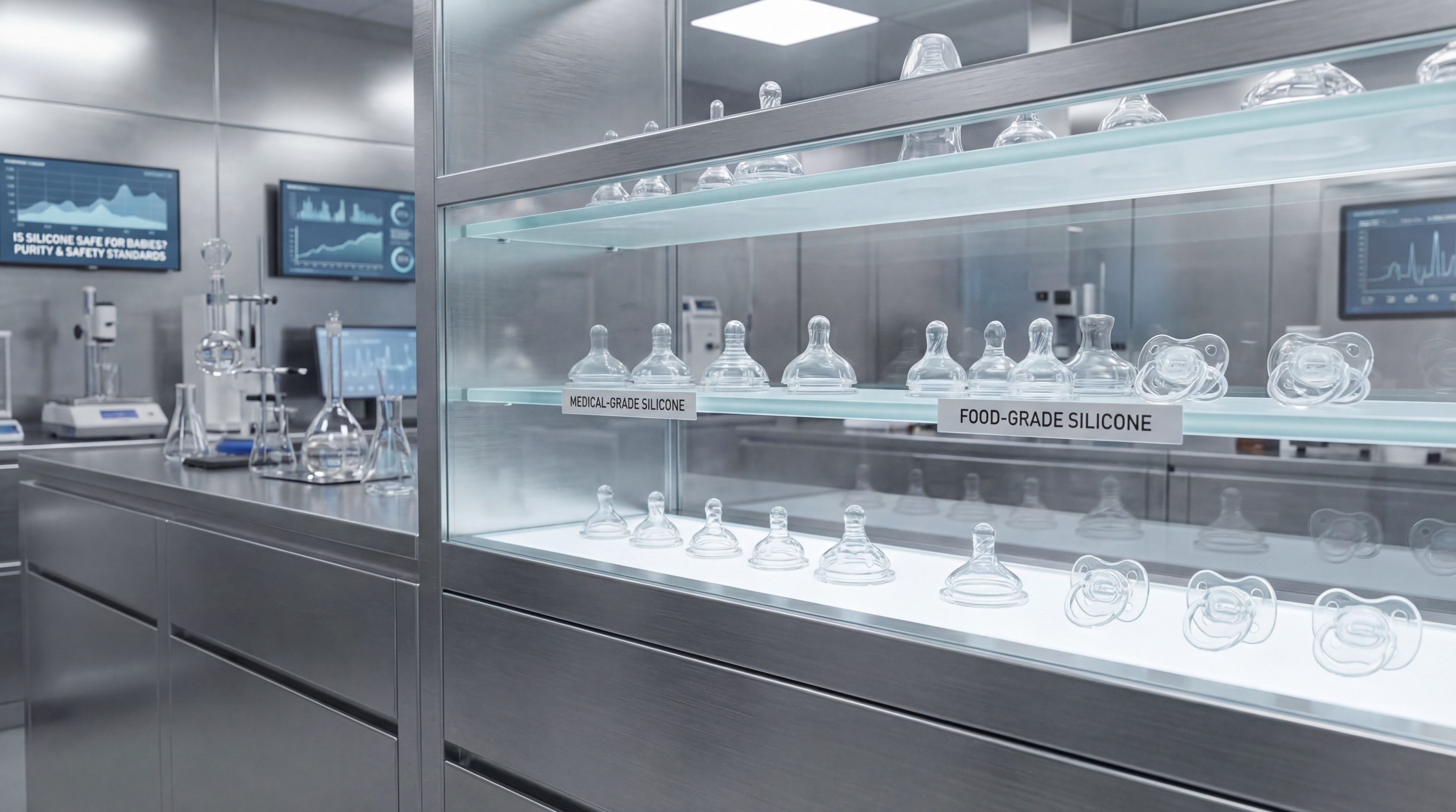 A professional display of medical-grade and food-grade silicone baby bottle nipples and pacifiers