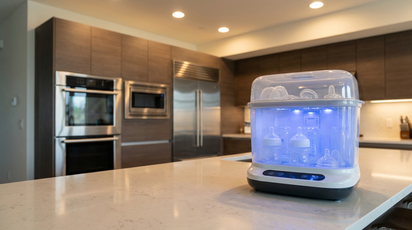 Photorealistic 16:9 image of a modern kitchen scene showing silicone bottles inside a high-end electric steam sterilizer, soft blue LED light, sleek stainless steel appliances in background.
