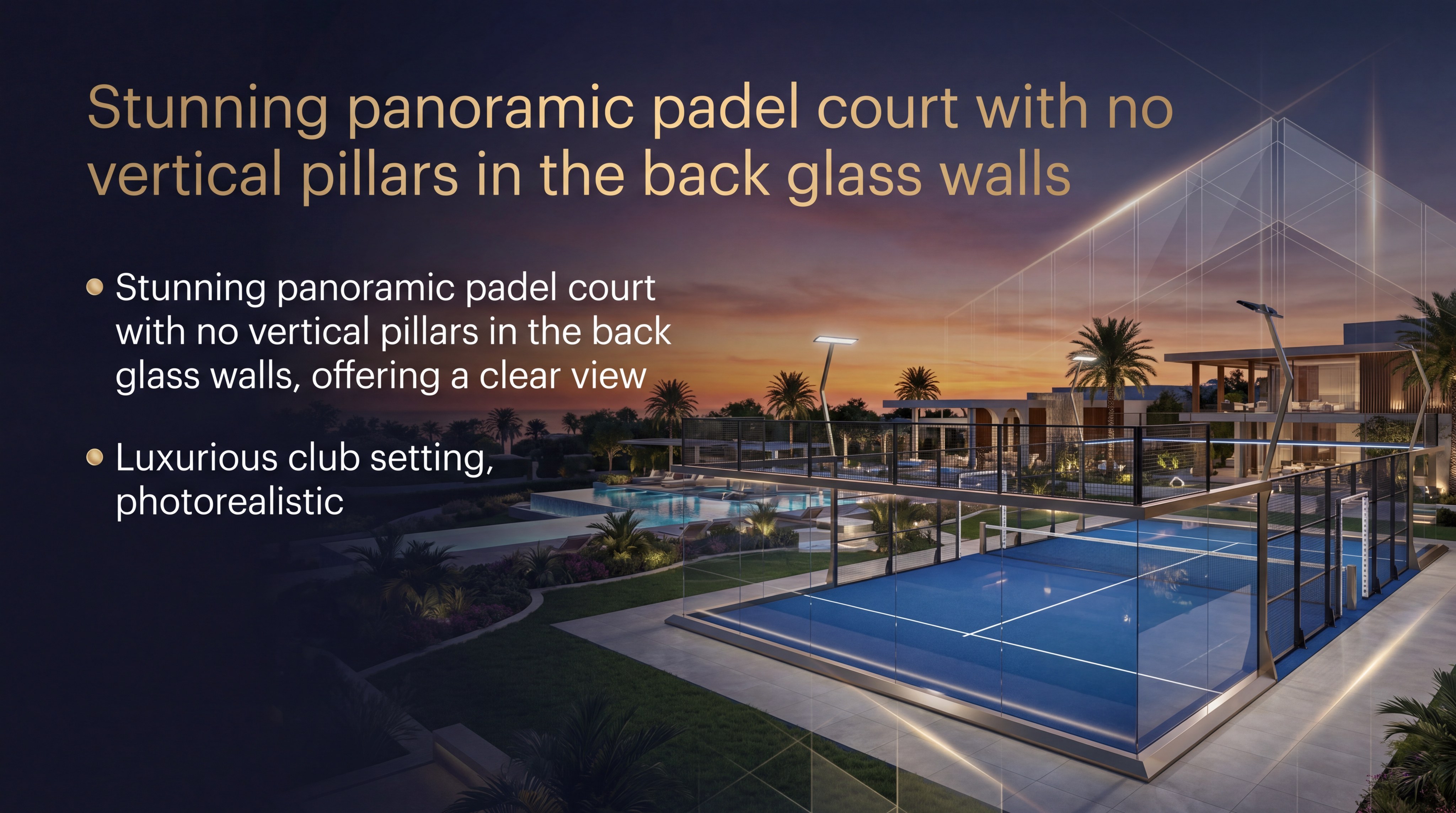 Stunning panoramic padel court with no vertical pillars in the back glass walls, offering a clear view