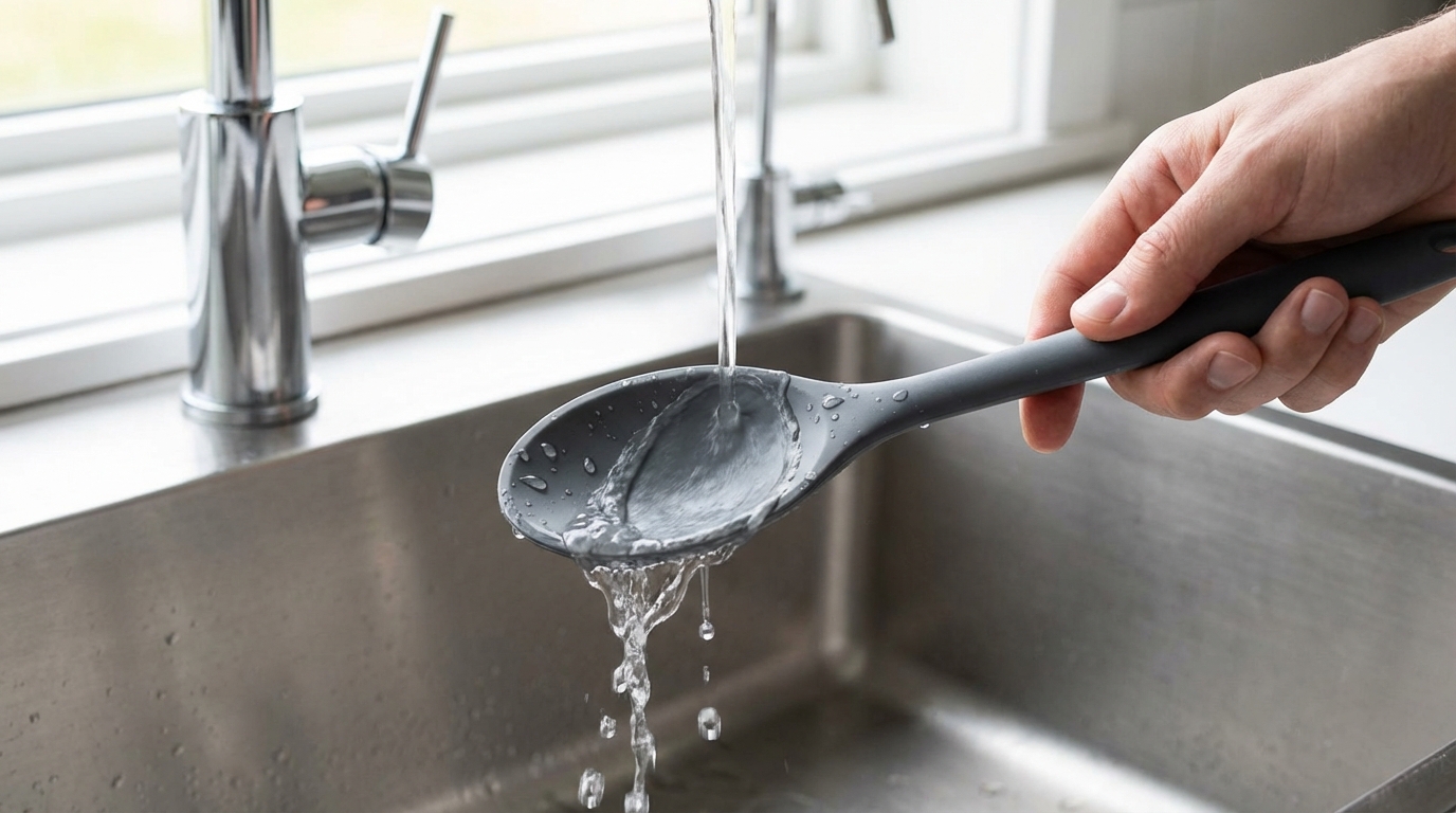 Close-up of a dark grey silicone spoon being rinsed under a kitchen faucet with clean water