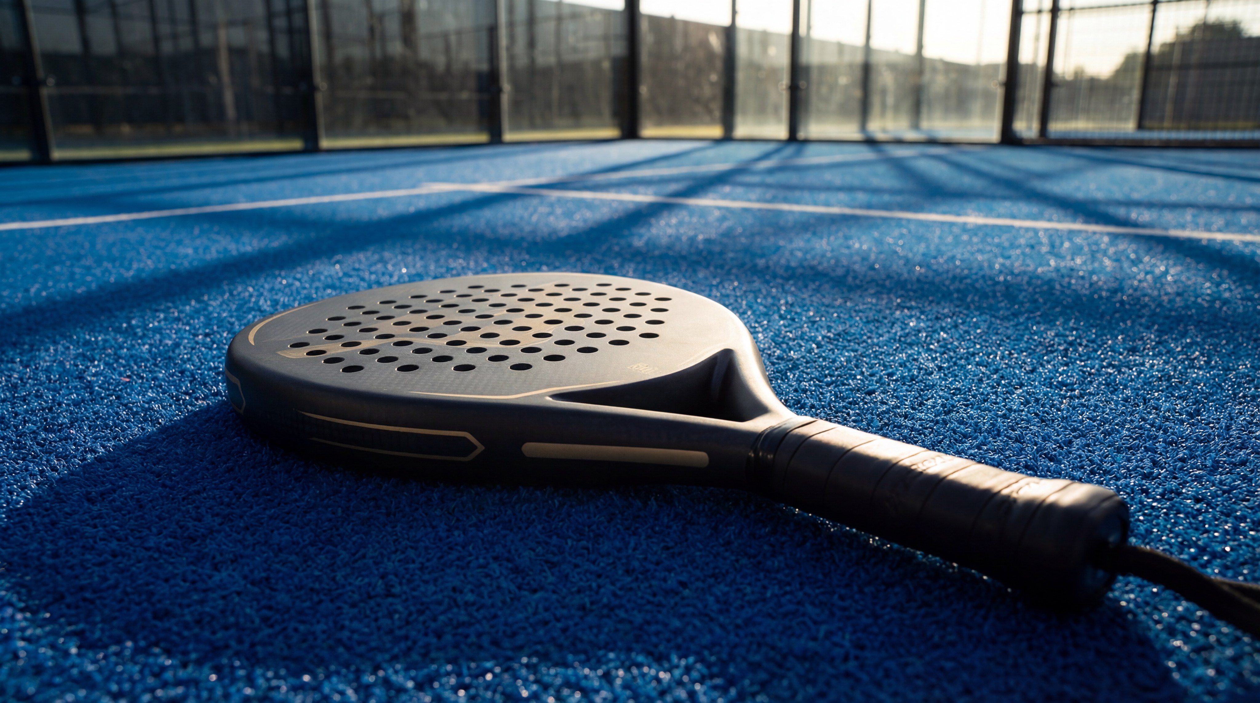 A high-end padel racket with a sleek matte finish resting on a professional blue turf court