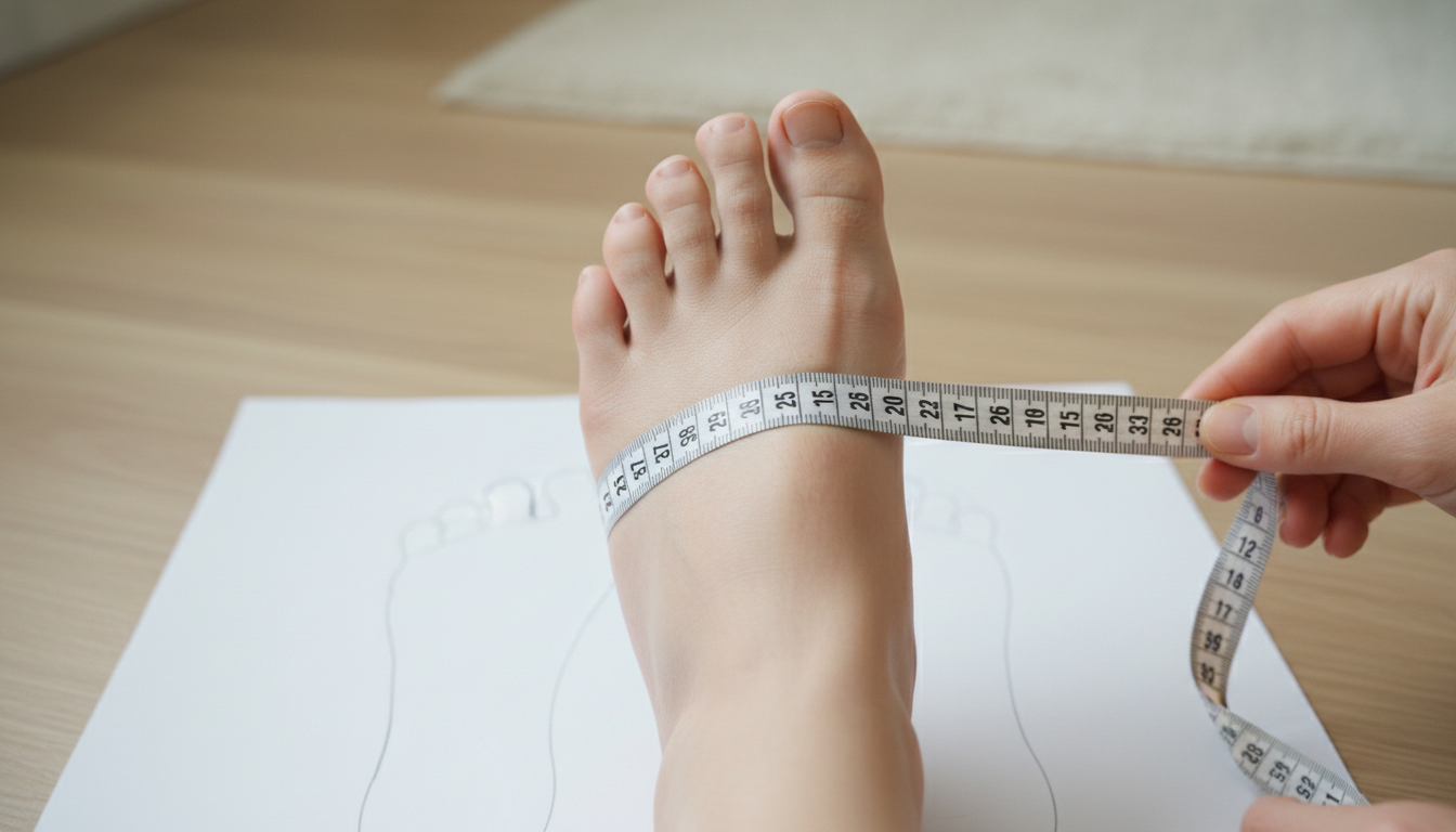 A person using a flexible tape measure to find the width of their foot across the ball of the foot
