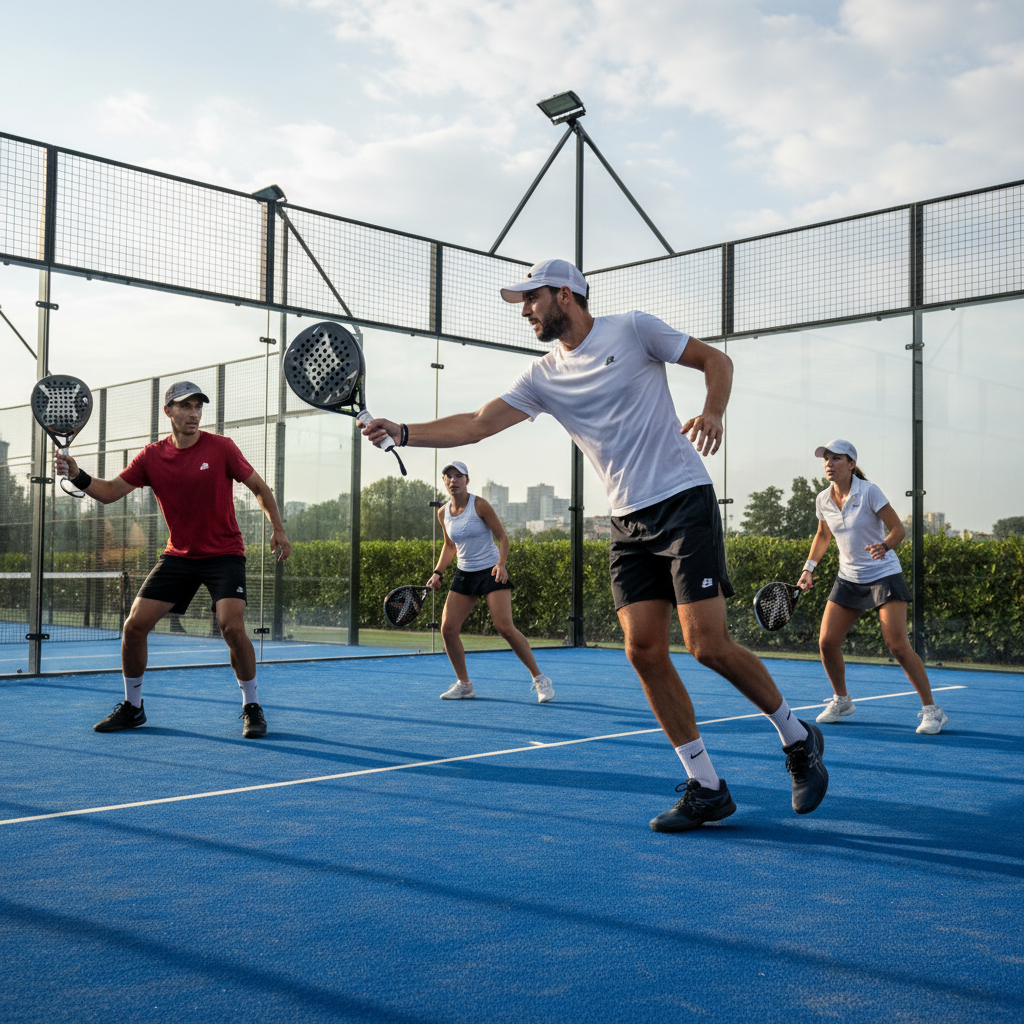 Padel doubles match action shot