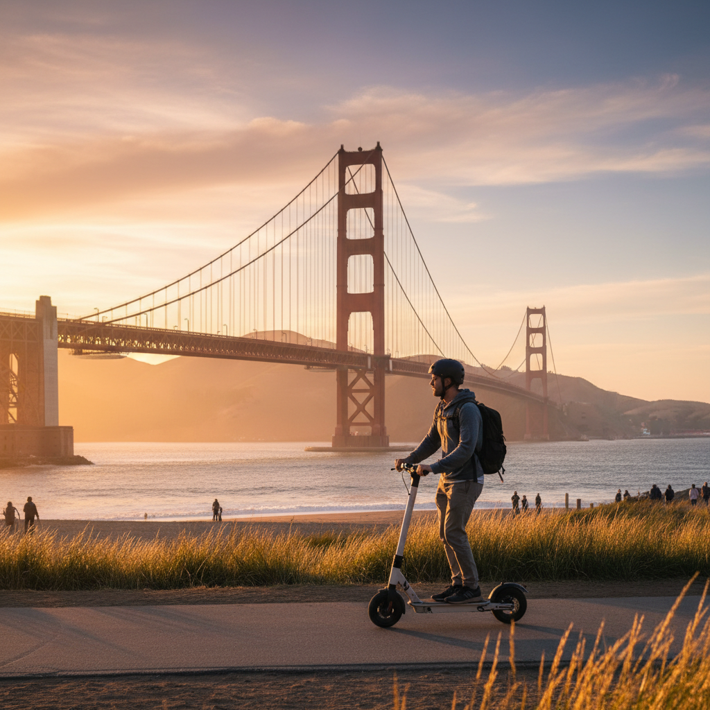 A scooter rider enjoys a sunset view along a waterfront path with the Golden Gate Bridge in the background.