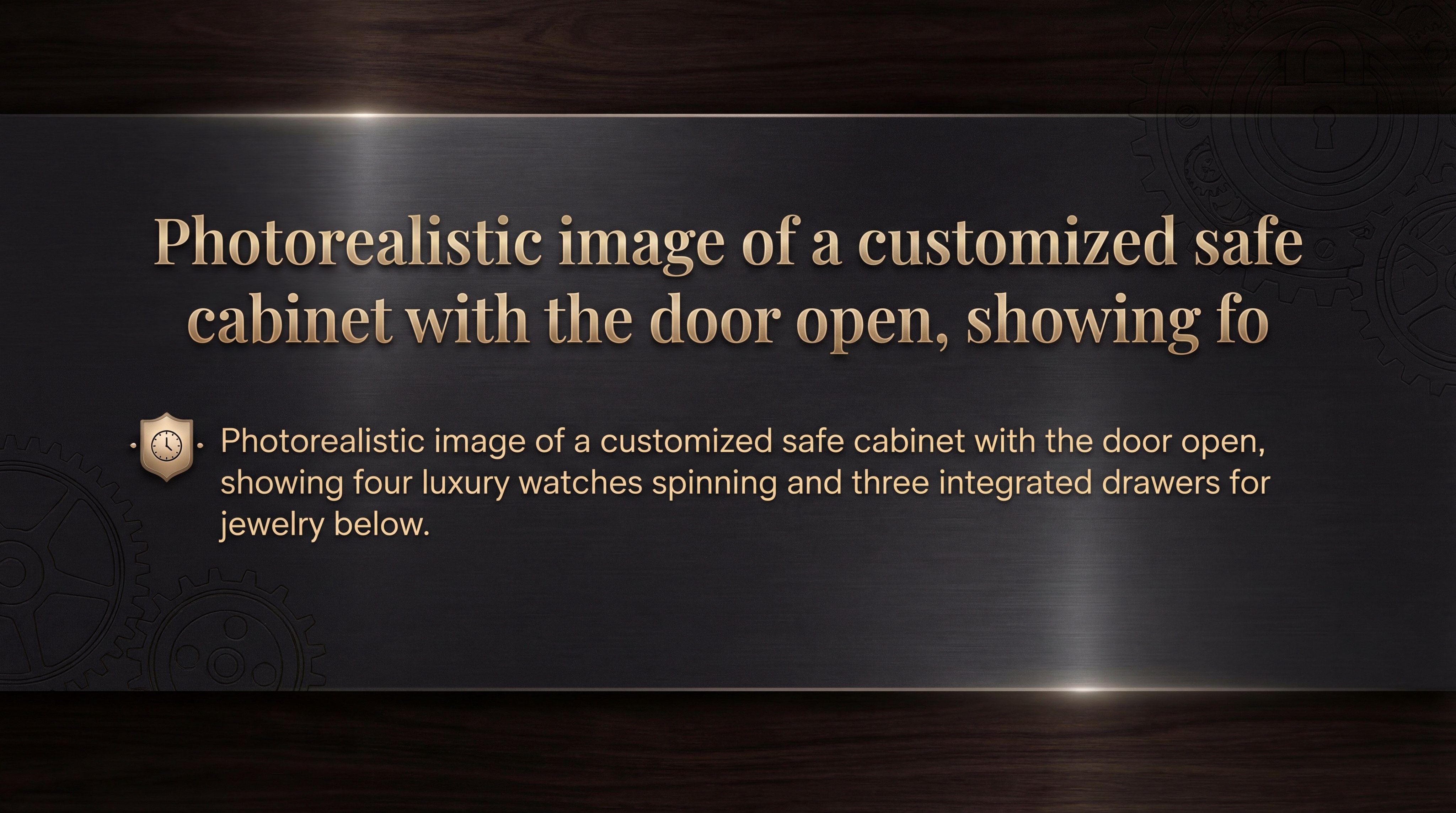 Photorealistic image of a customized safe cabinet with the door open, showing four luxury watches spinning and three integrated drawers for jewelry below
