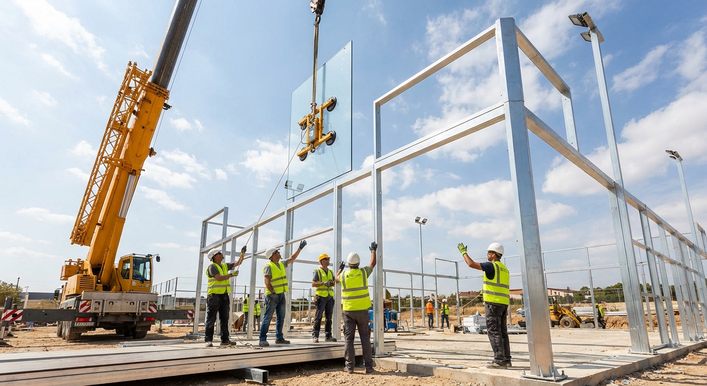 crane lifting glass padel court
