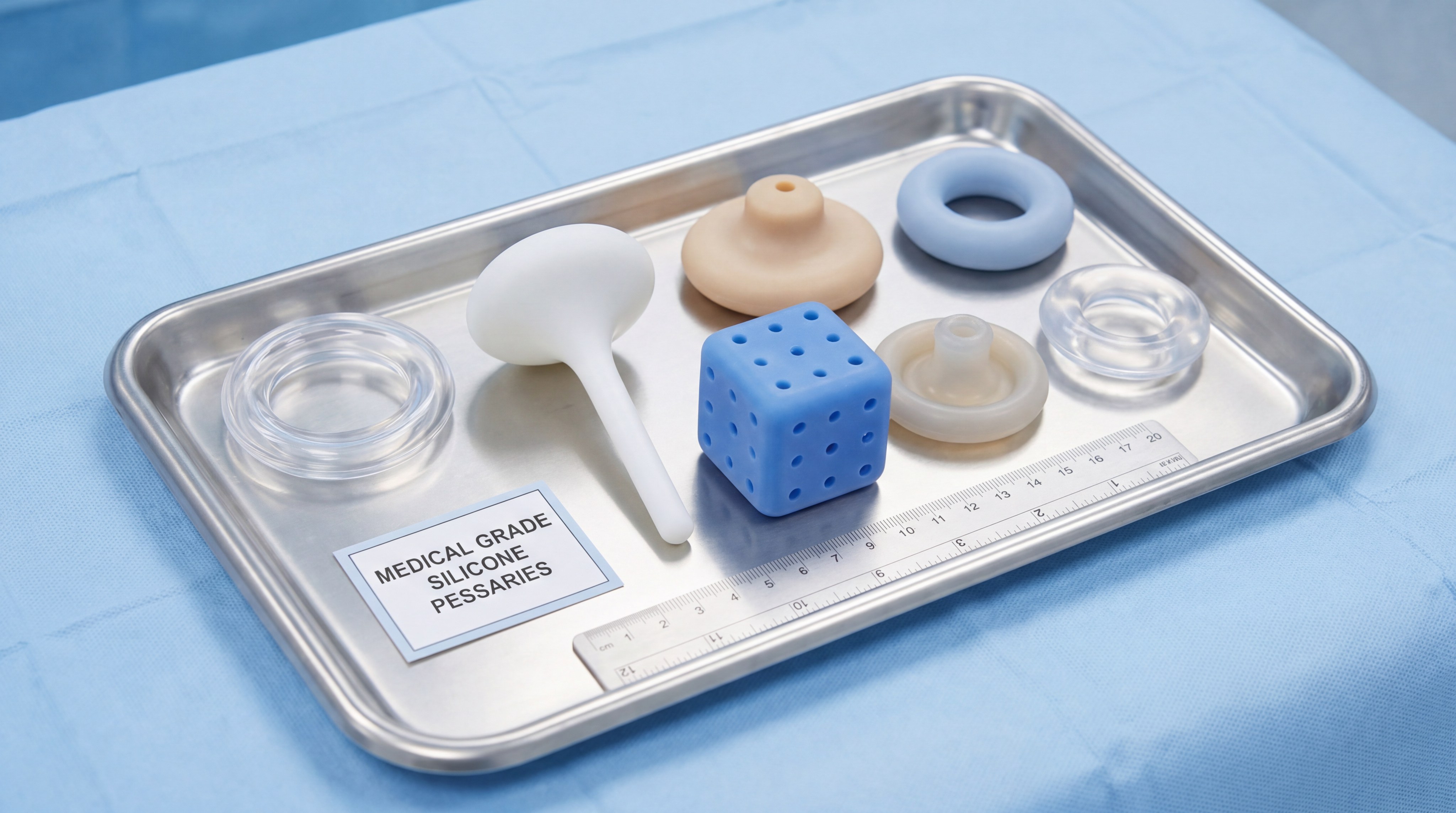A collection of various medical-grade silicone pessary shapes—Ring, Gellhorn, and Cube—displayed on a sterile tray, showcasing different translucent and opaque medical colorants.
