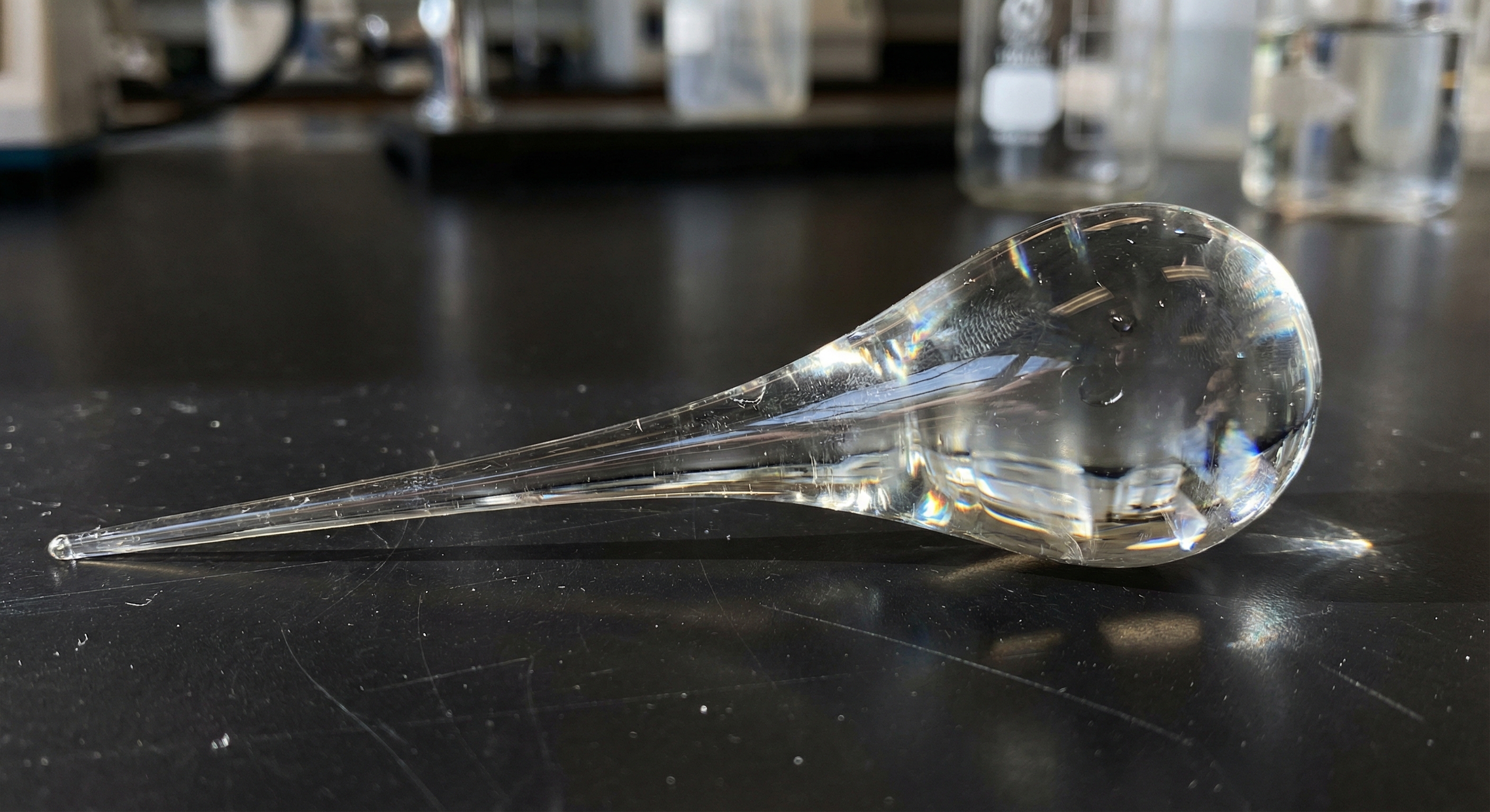 Macro photograph of a Prince Rupert's Drop showing the clear glass bulb and fragile tail on a laboratory table.